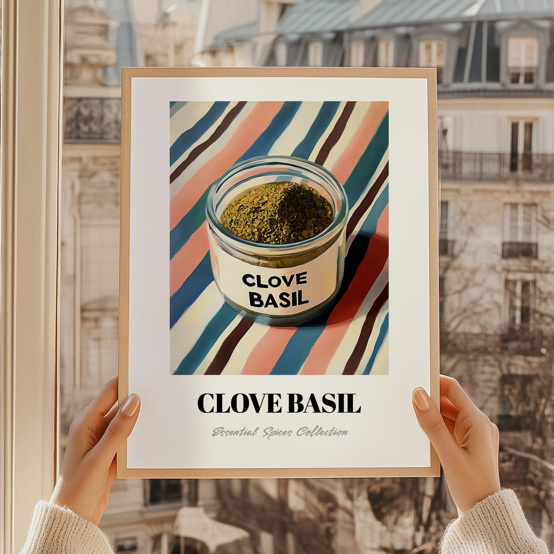 Clove Basil – on Striped Tablecloth, Spices Poster, styled in a charming Paris street view