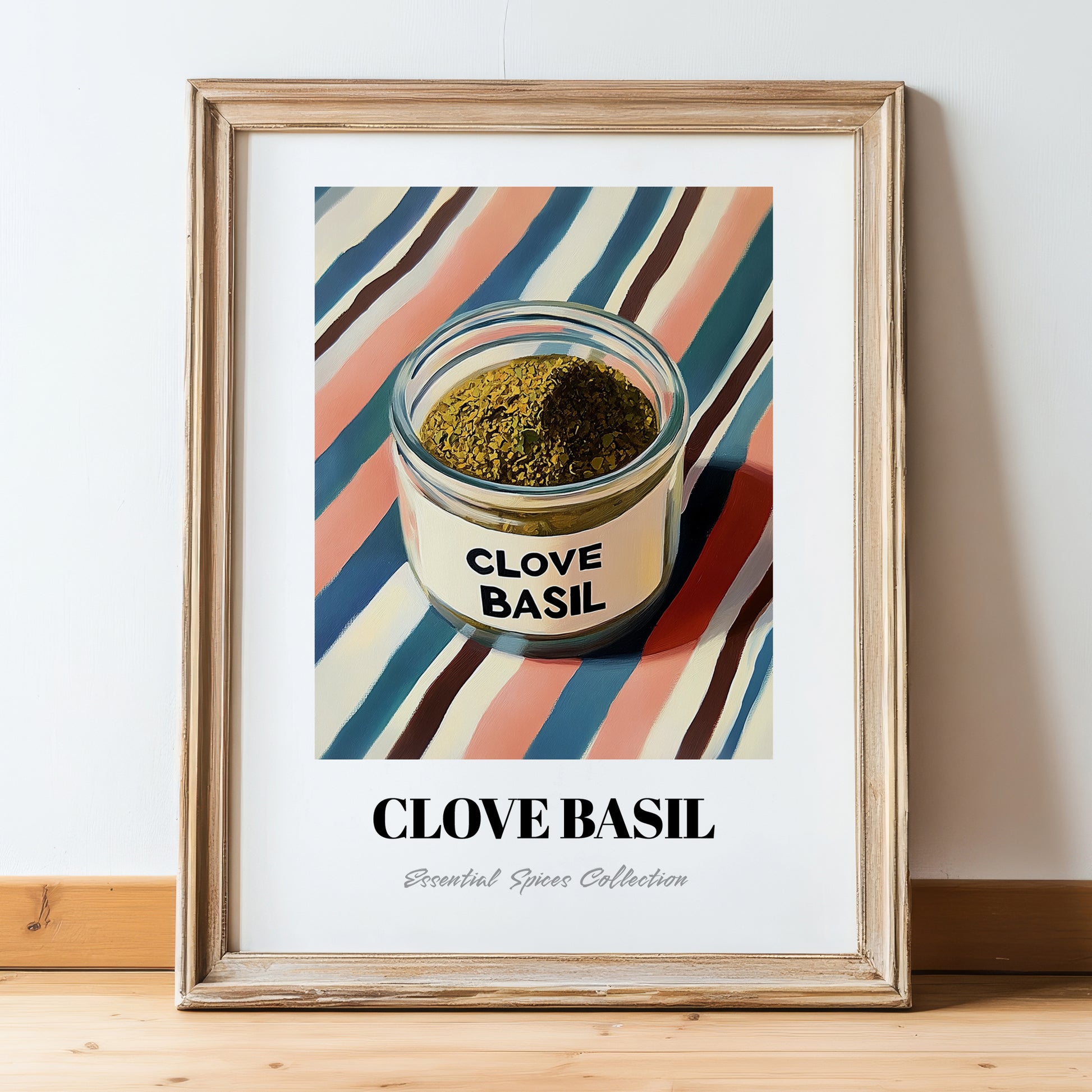 Clove Basil – on Striped Tablecloth, Spices Poster, in wooden frame leaning on the floor