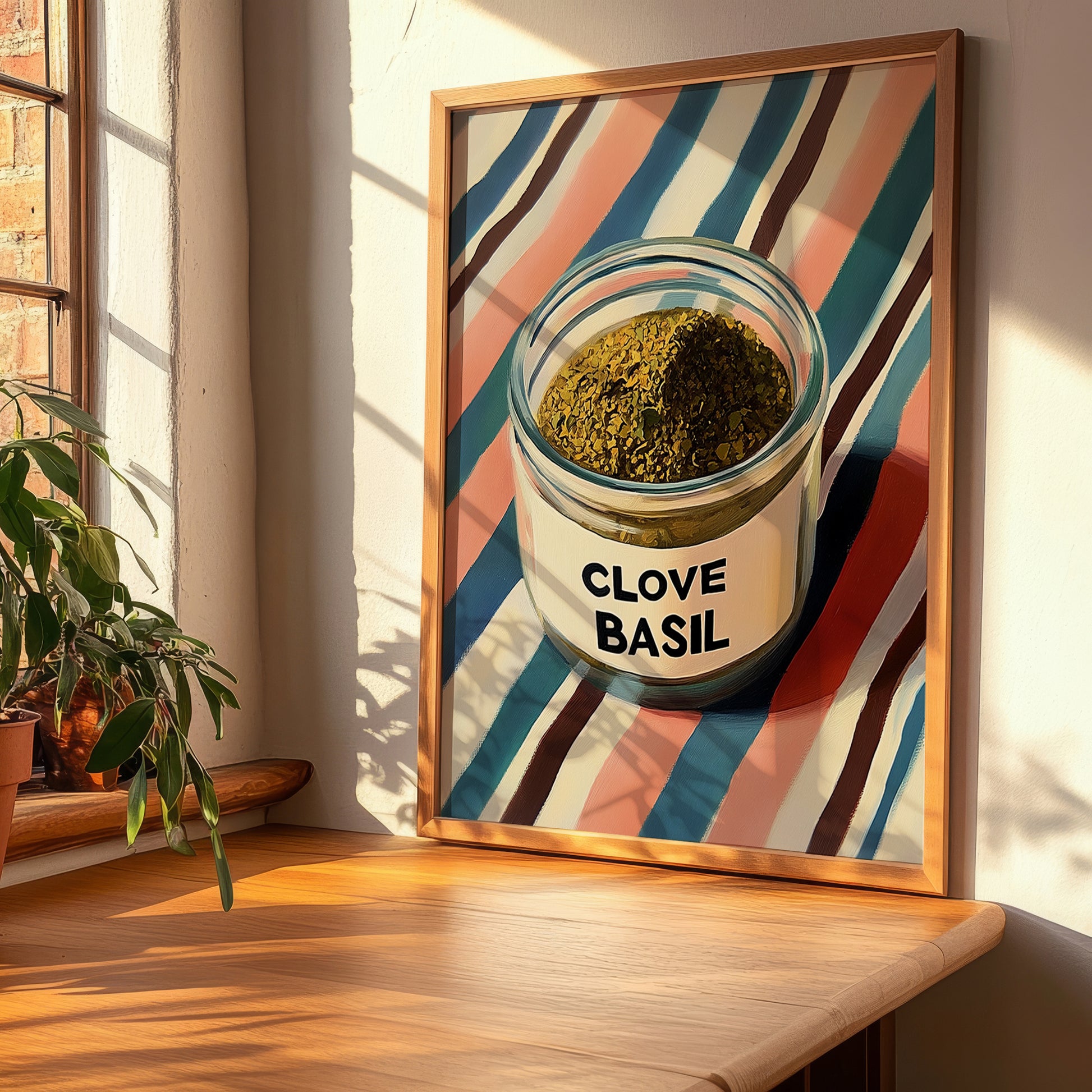 Clove Basil – on Striped Tablecloth, Spices Poster, clean layout with no caption