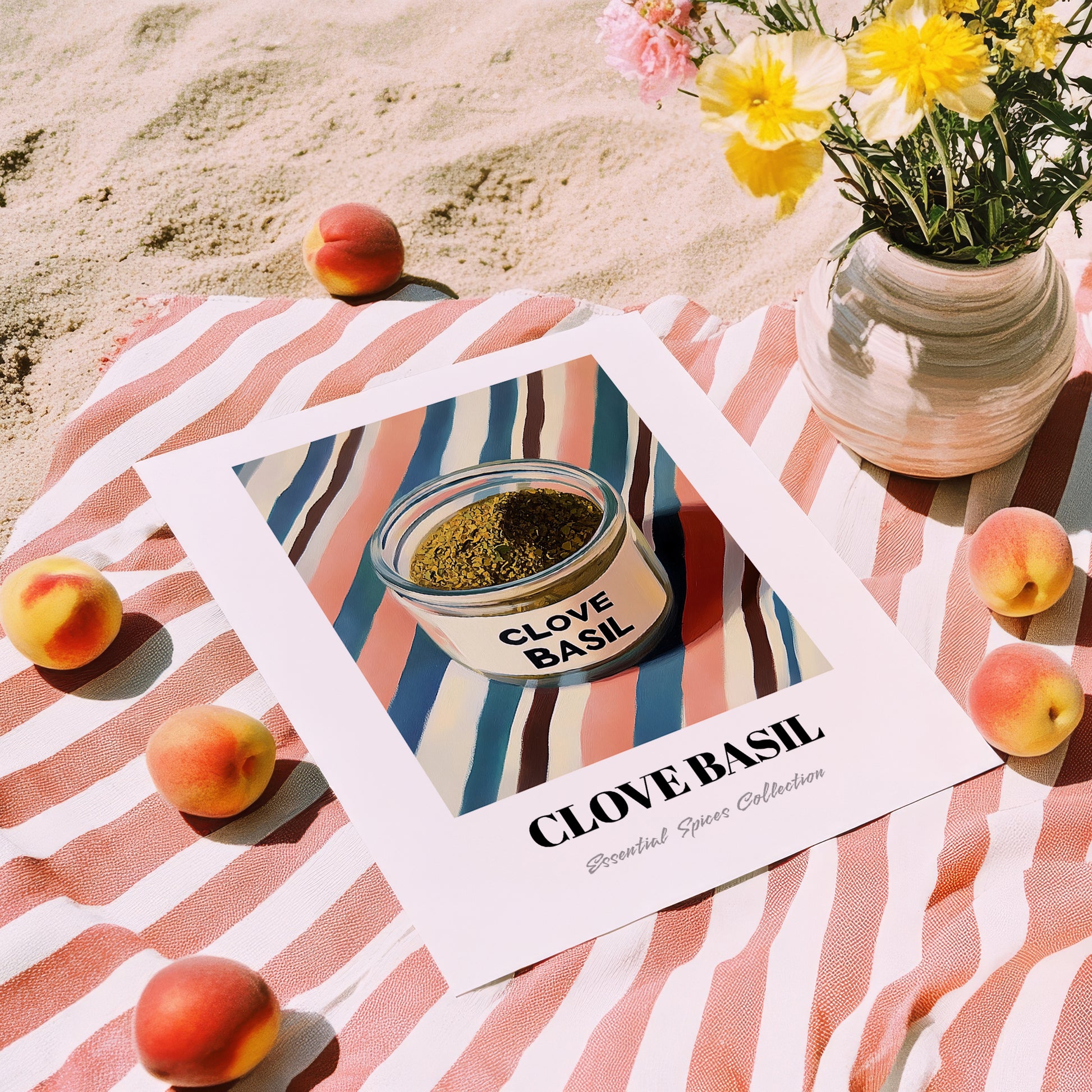 Clove Basil – on Striped Tablecloth, Spices Poster, unframed on coastal sand