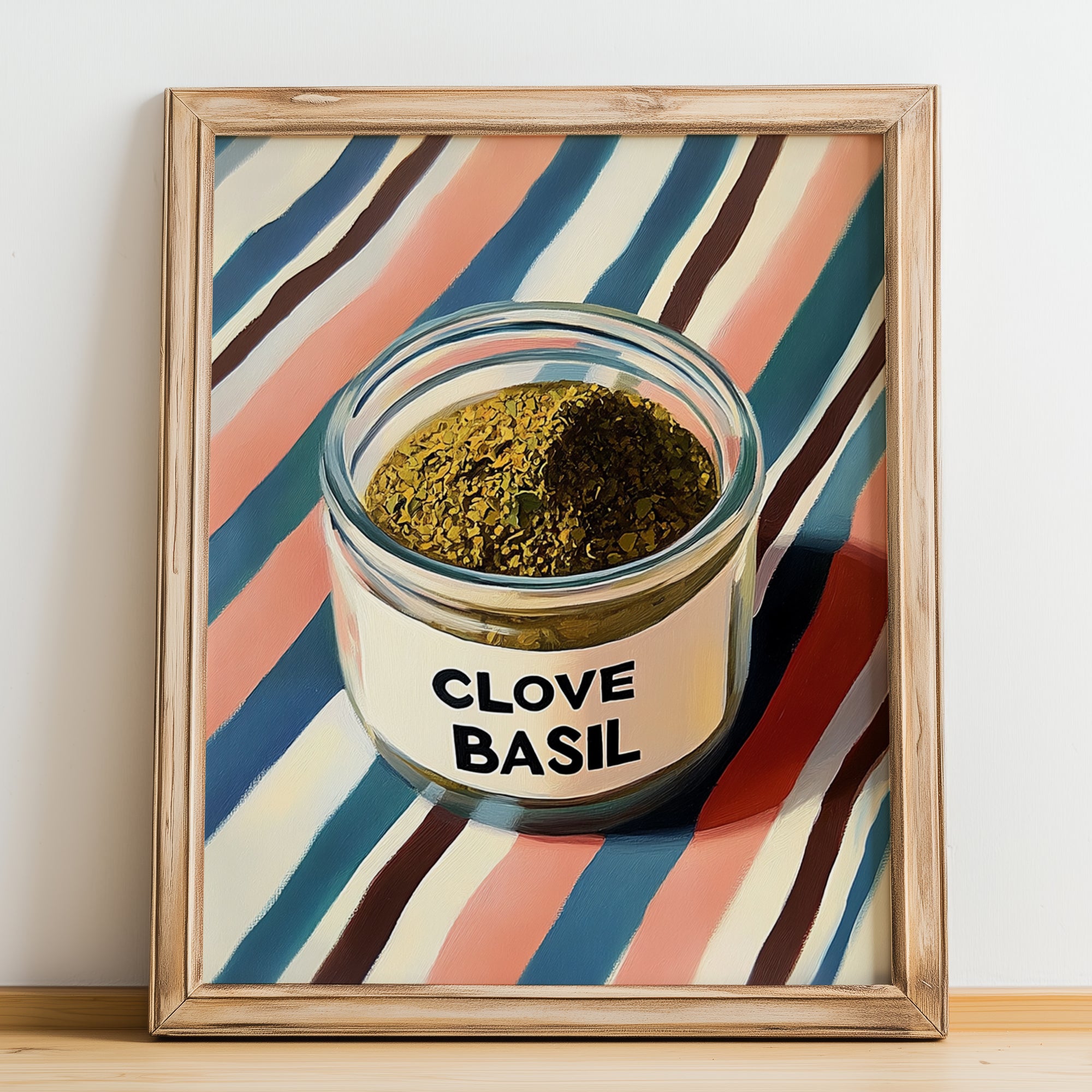 Clove Basil – on Striped Tablecloth, Spices Poster, no-text version framed in wood