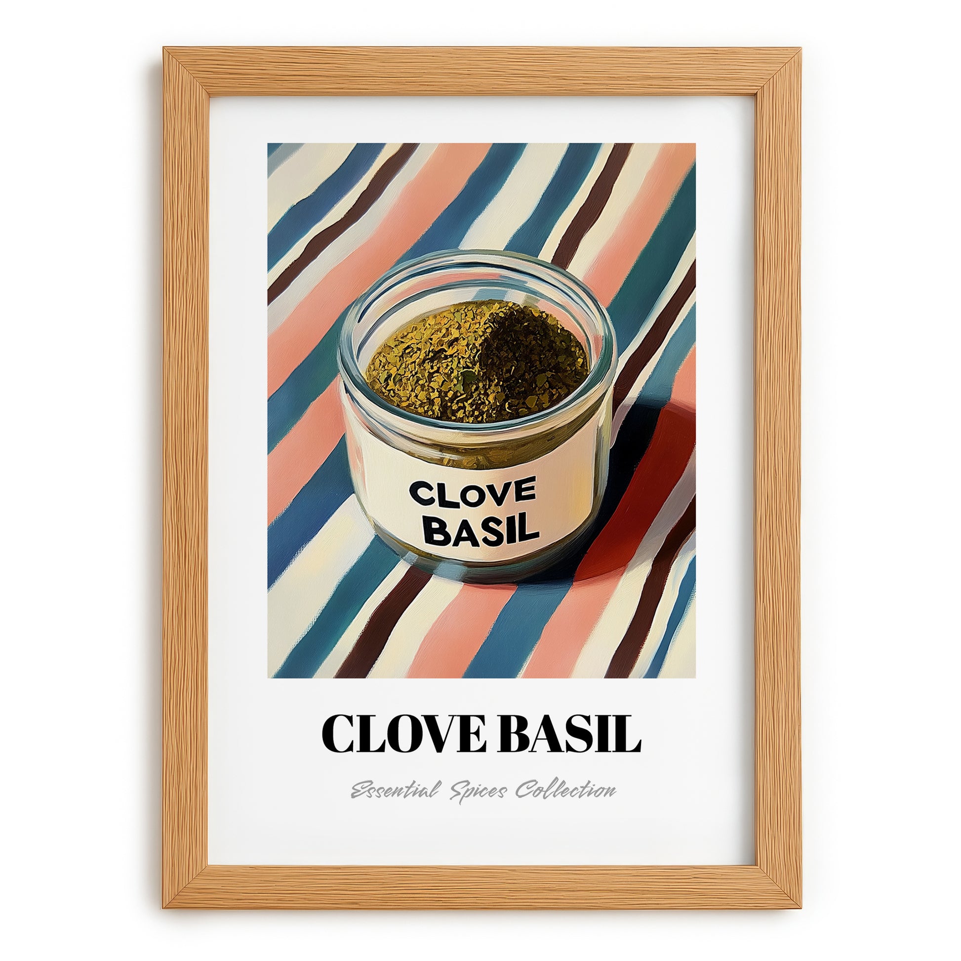Clove Basil – on Striped Tablecloth, Spices Poster, set in oak frame