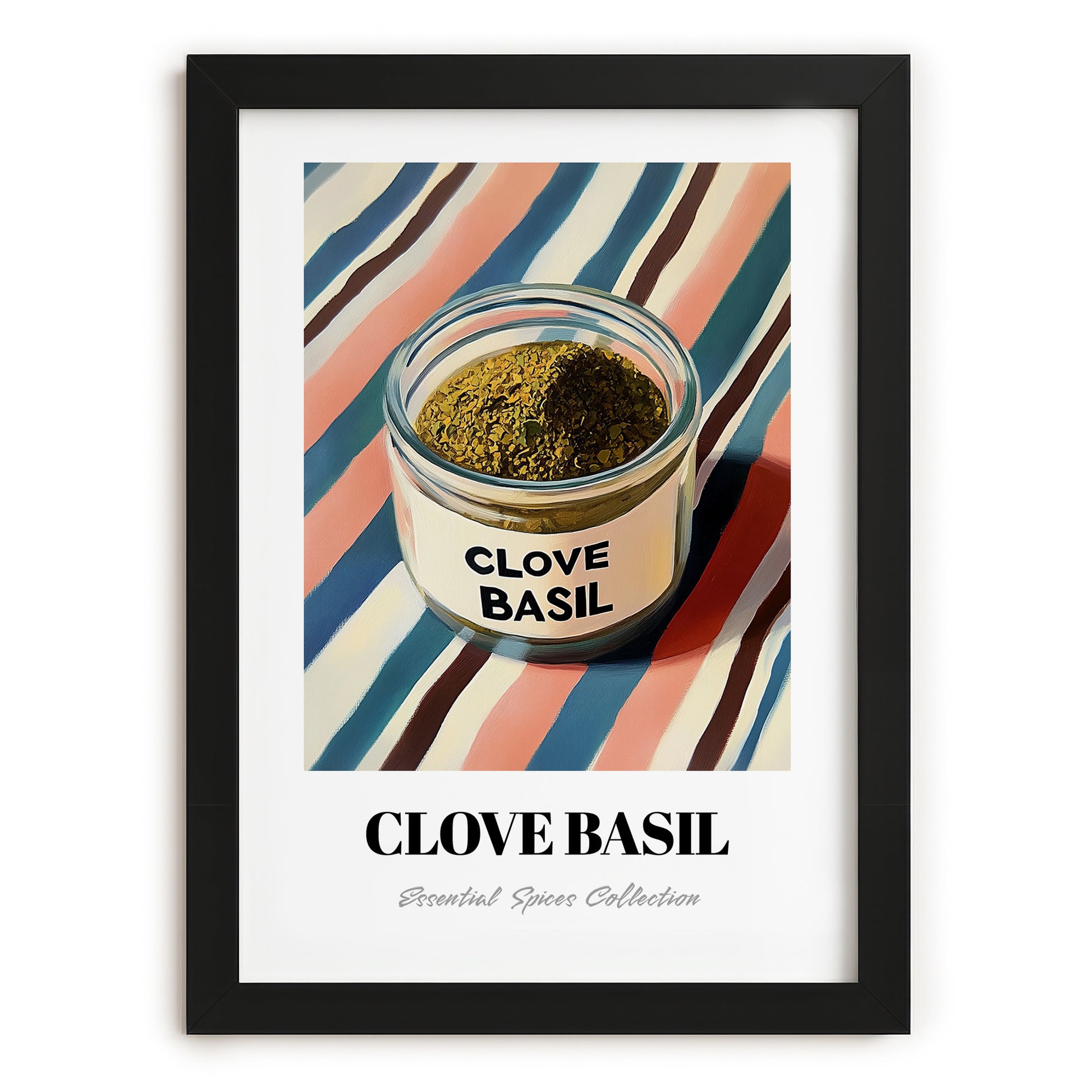 Clove Basil – on Striped Tablecloth, Spices Poster, in sleek black frame