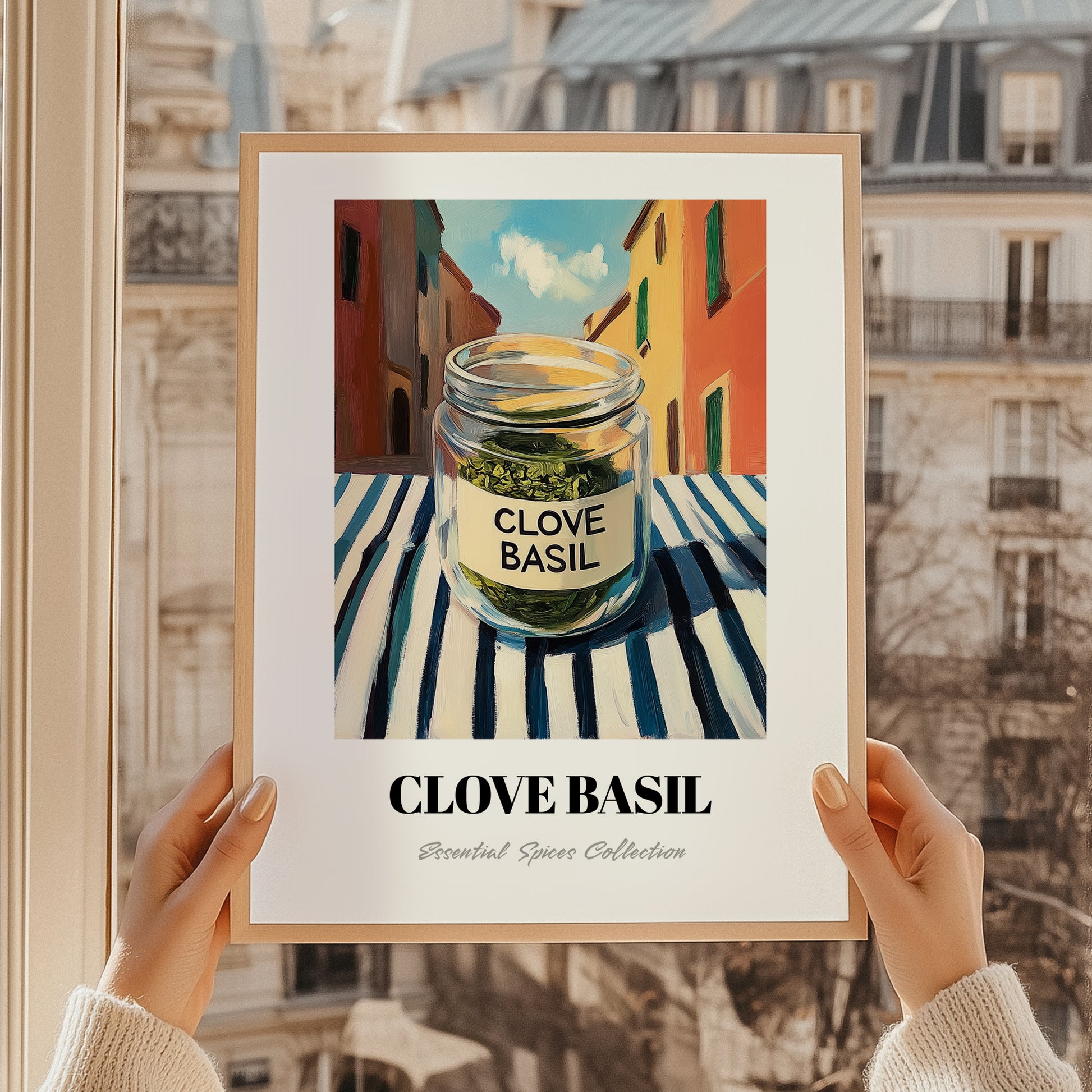 Clove Basil – Italian Urban Café Scene, Spices Illustration, styled in a charming Paris street view