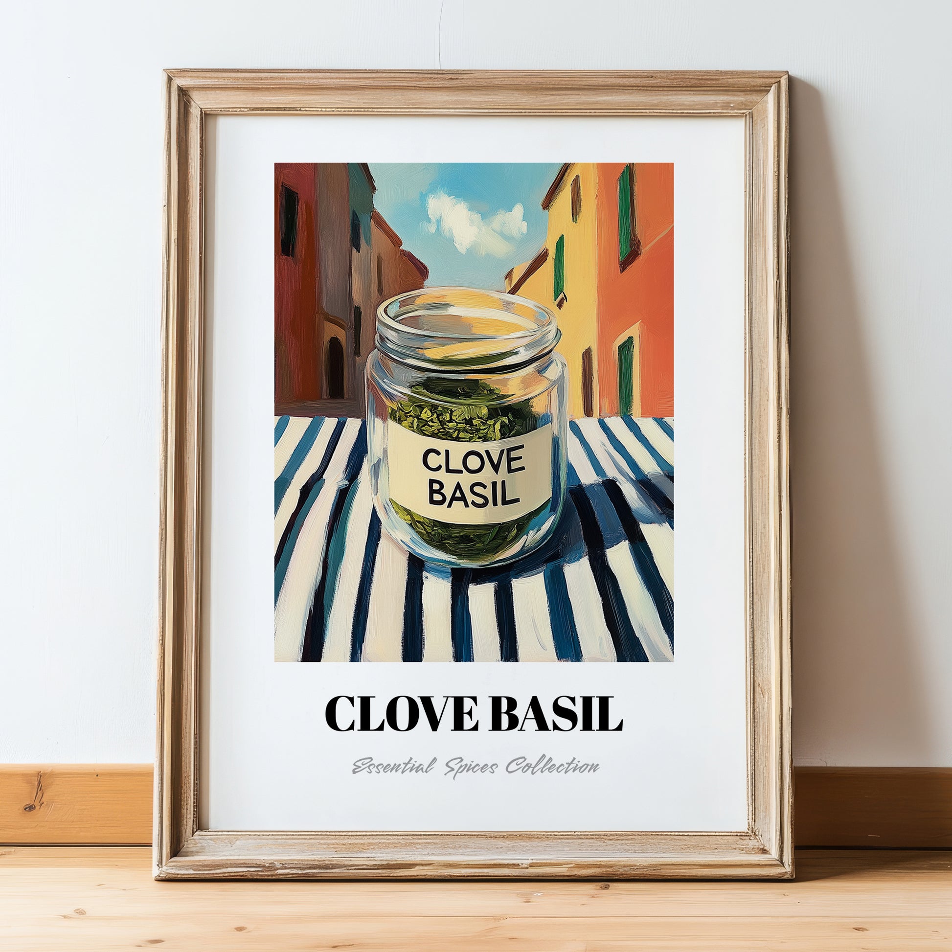 Clove Basil – Italian Urban Café Scene, Spices Illustration, in wooden frame leaning on the floor