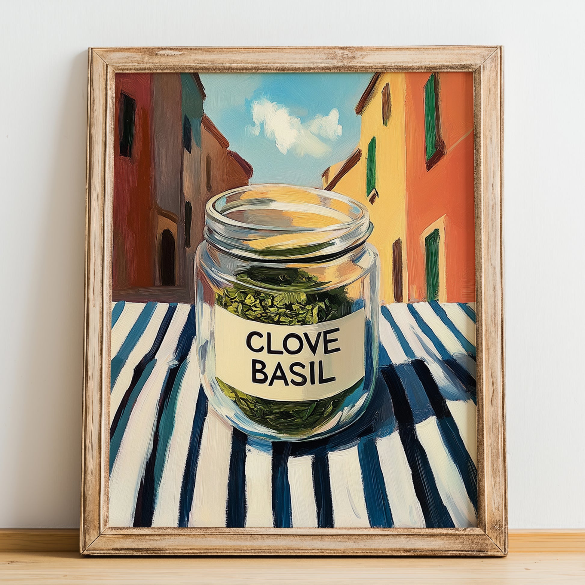 Clove Basil – Italian Urban Café Scene, Spices Illustration, no-text version framed in wood
