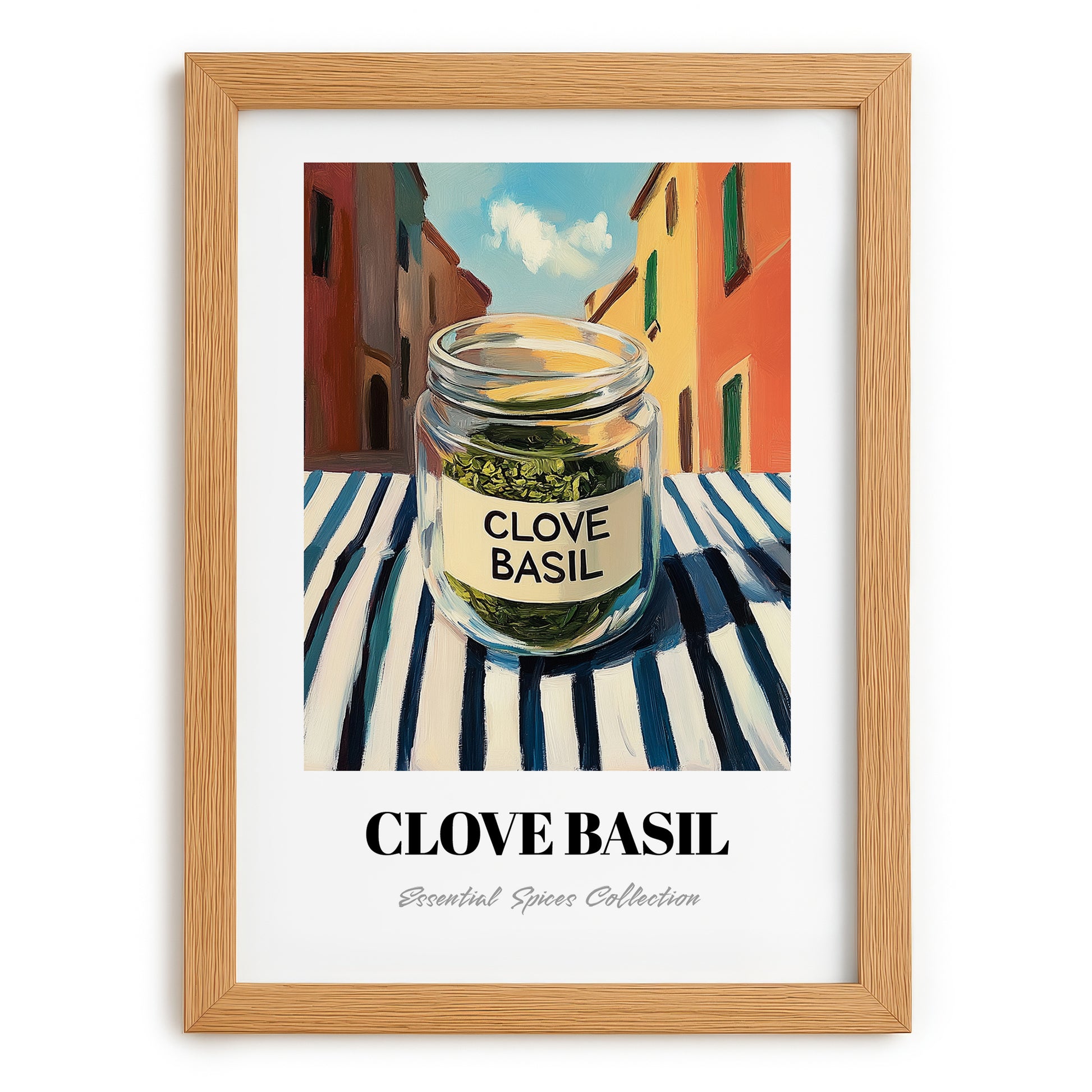 Clove Basil – Italian Urban Café Scene, Spices Illustration, set in oak frame