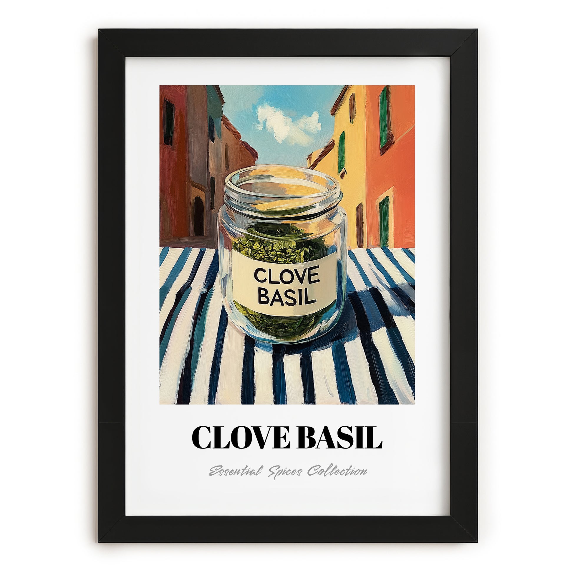 Clove Basil – Italian Urban Café Scene, Spices Illustration, in sleek black frame