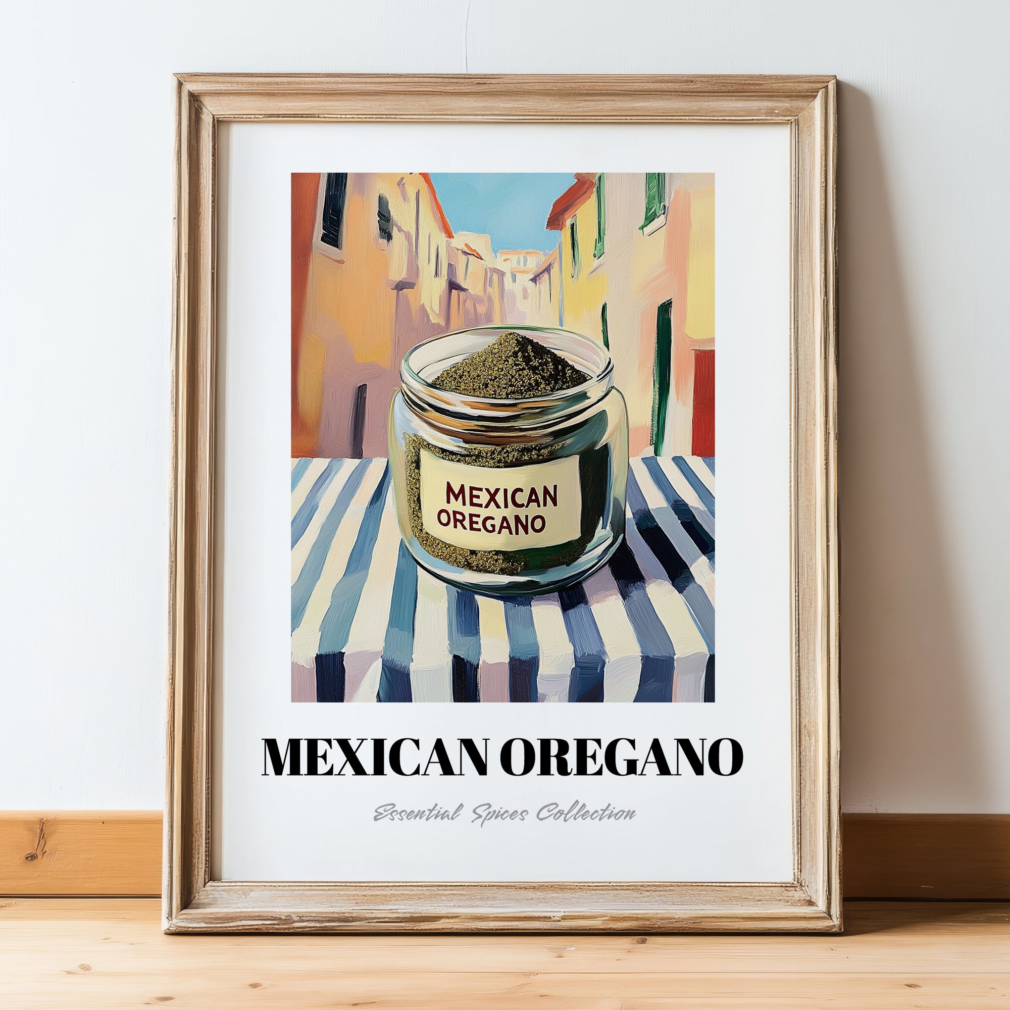 Mexican Oregano – Italian Street Café Scene, Spices Art, in wooden frame leaning on the floor