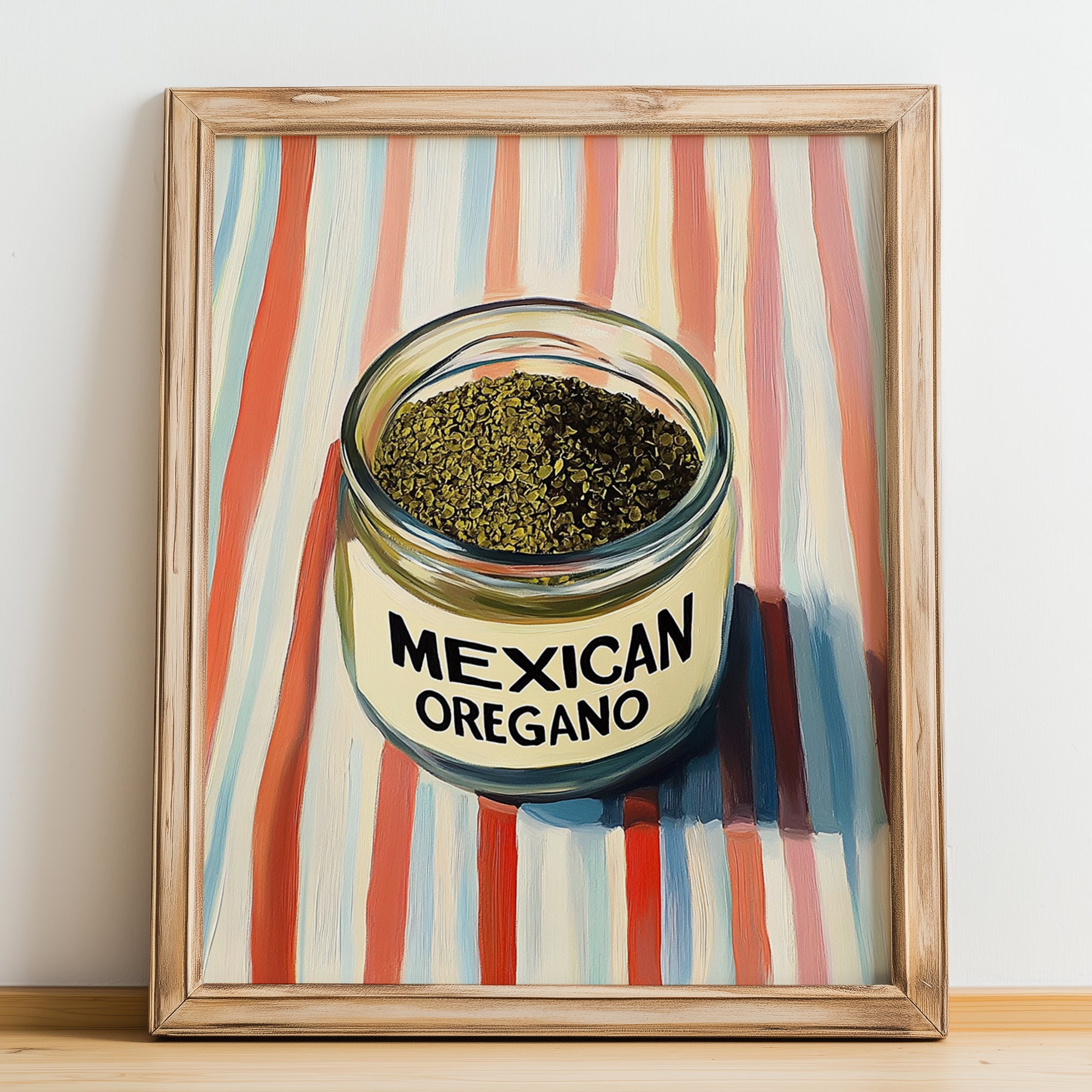 Mexican Oregano – on Striped Tablecloth, Spices Wall Poster, no-text version framed in wood