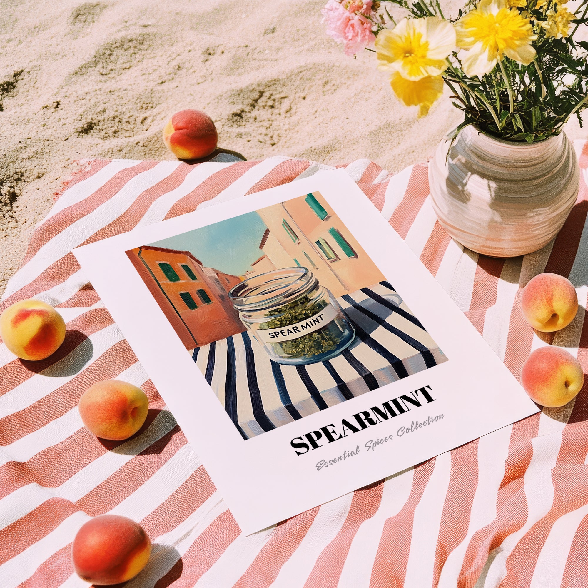 Spearmint – Italian Urban Café Scene, Spices Poster, unframed on coastal sand