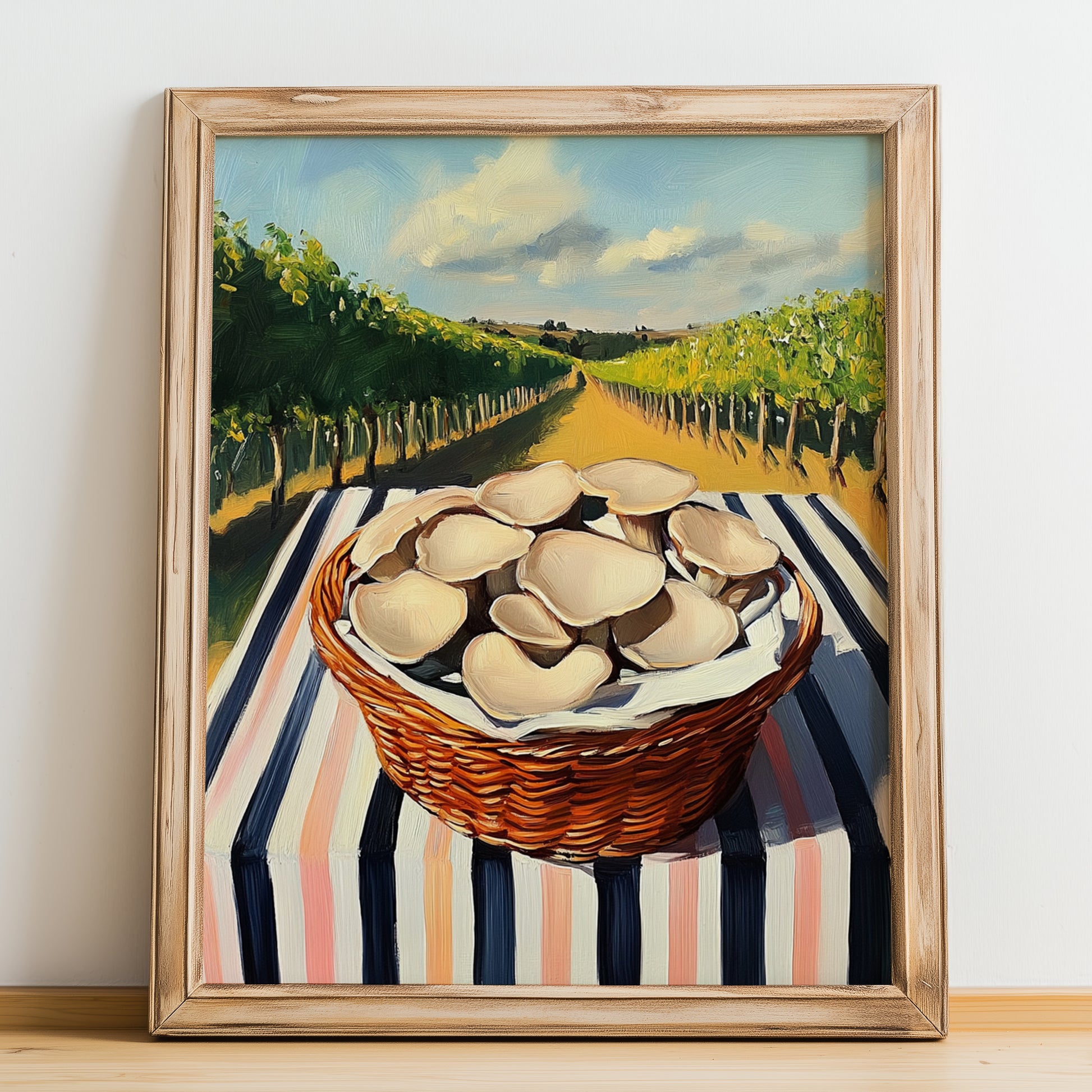 Oyster Mushroom – Green Valley Landscape, Mushrooms Illustration, no-text version framed in wood