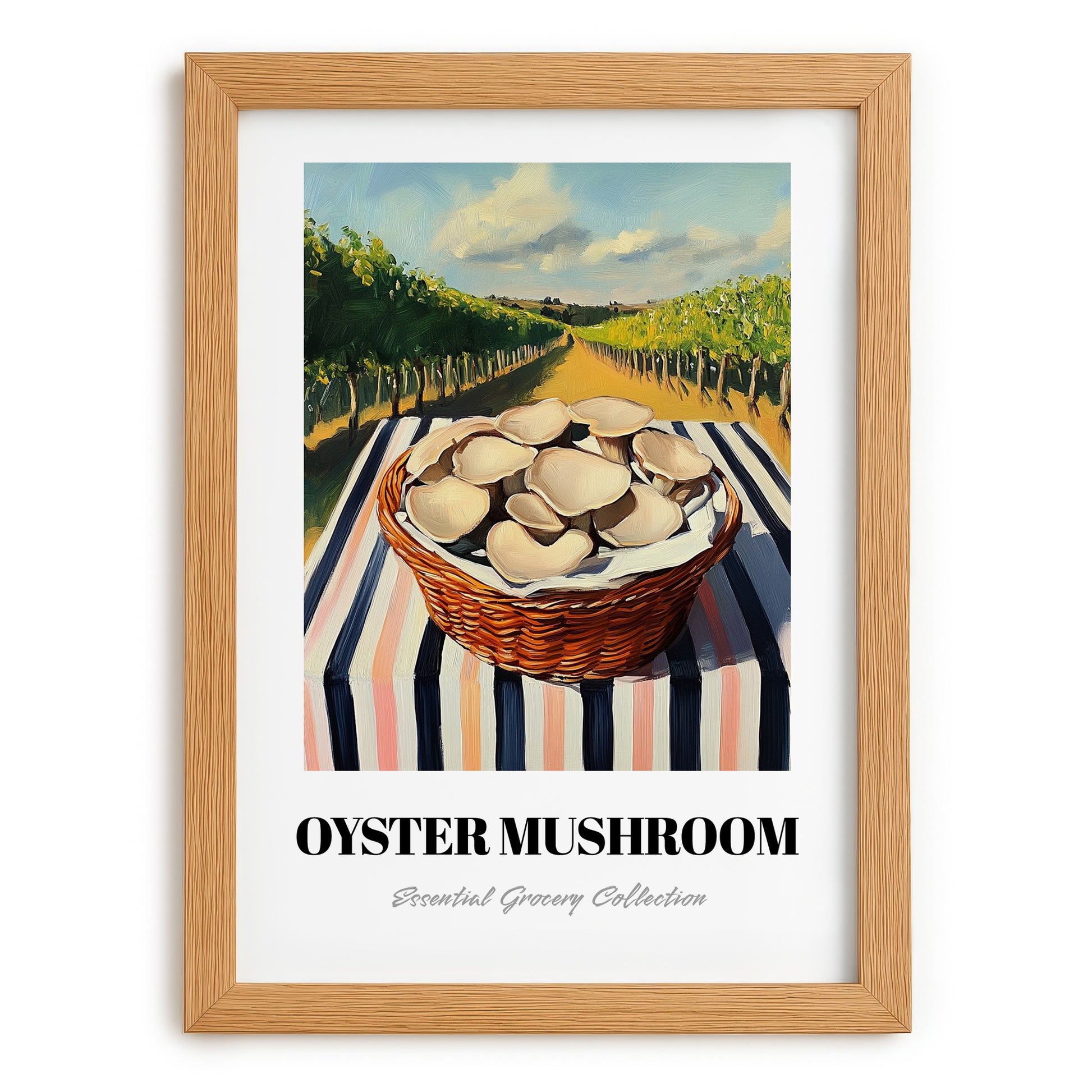 Oyster Mushroom – Green Valley Landscape, Mushrooms Illustration, set in oak frame