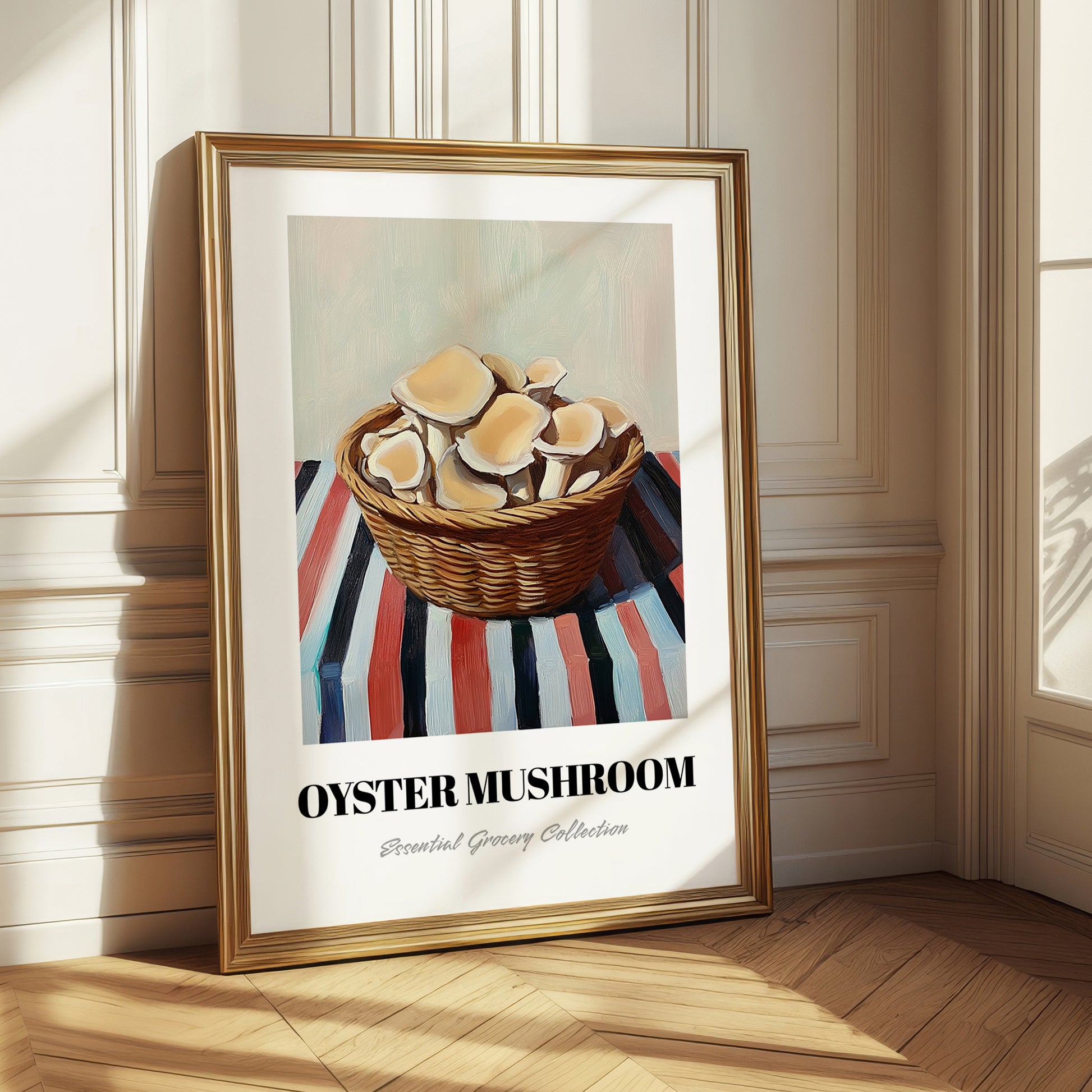 Oyster Mushroom – on Striped Tablecloth, Mushrooms Art