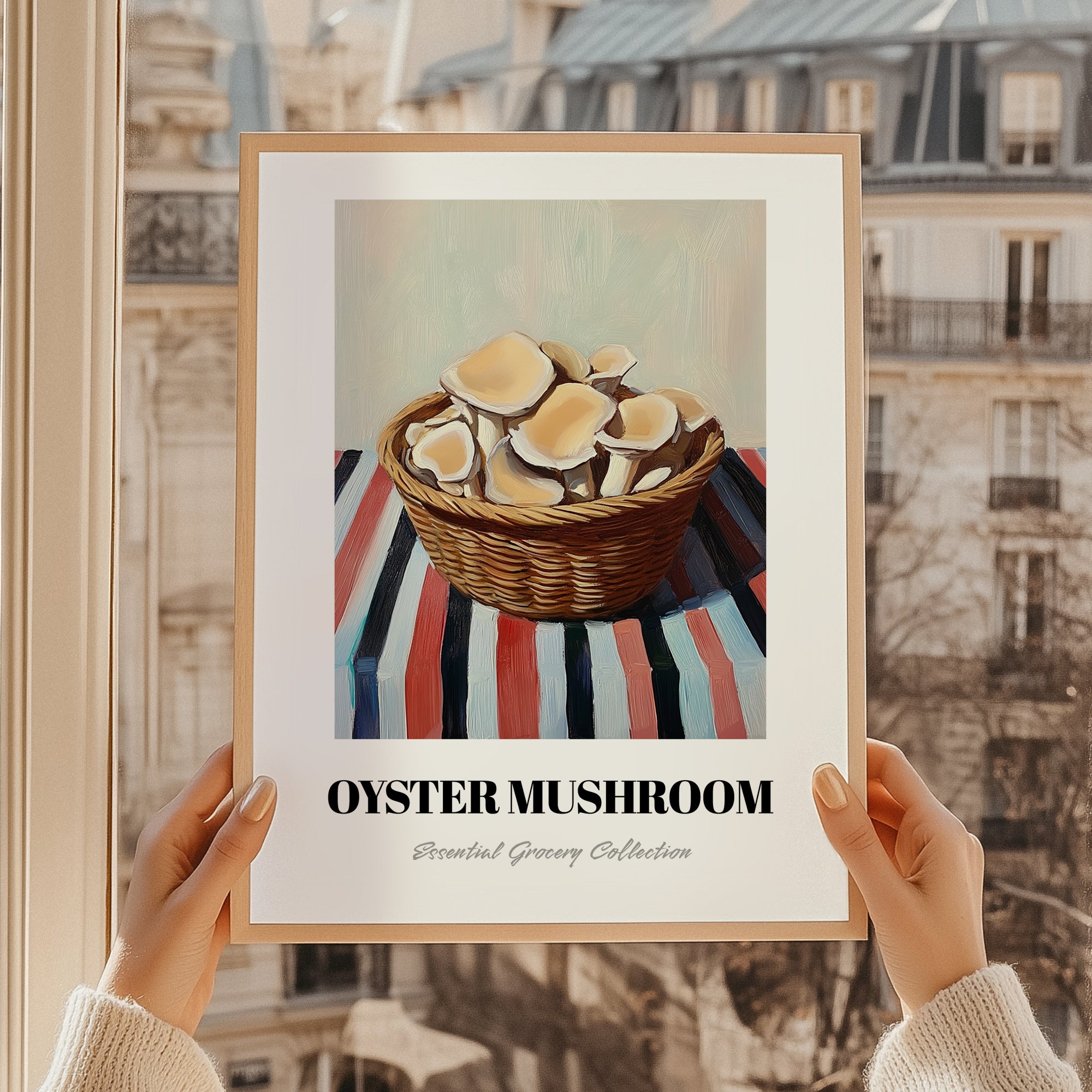 Oyster Mushroom – on Striped Tablecloth, Mushrooms Art, styled in a charming Paris street view