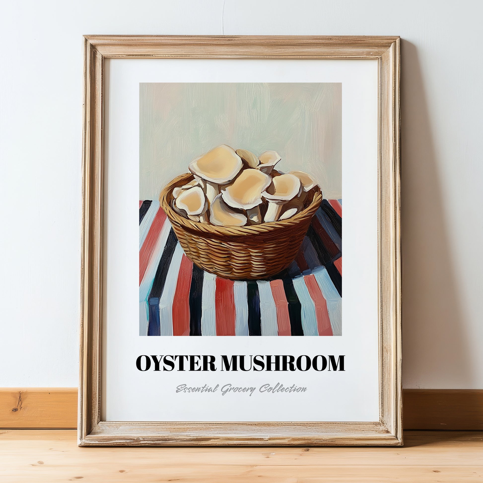 Oyster Mushroom – on Striped Tablecloth, Mushrooms Art, in wooden frame leaning on the floor