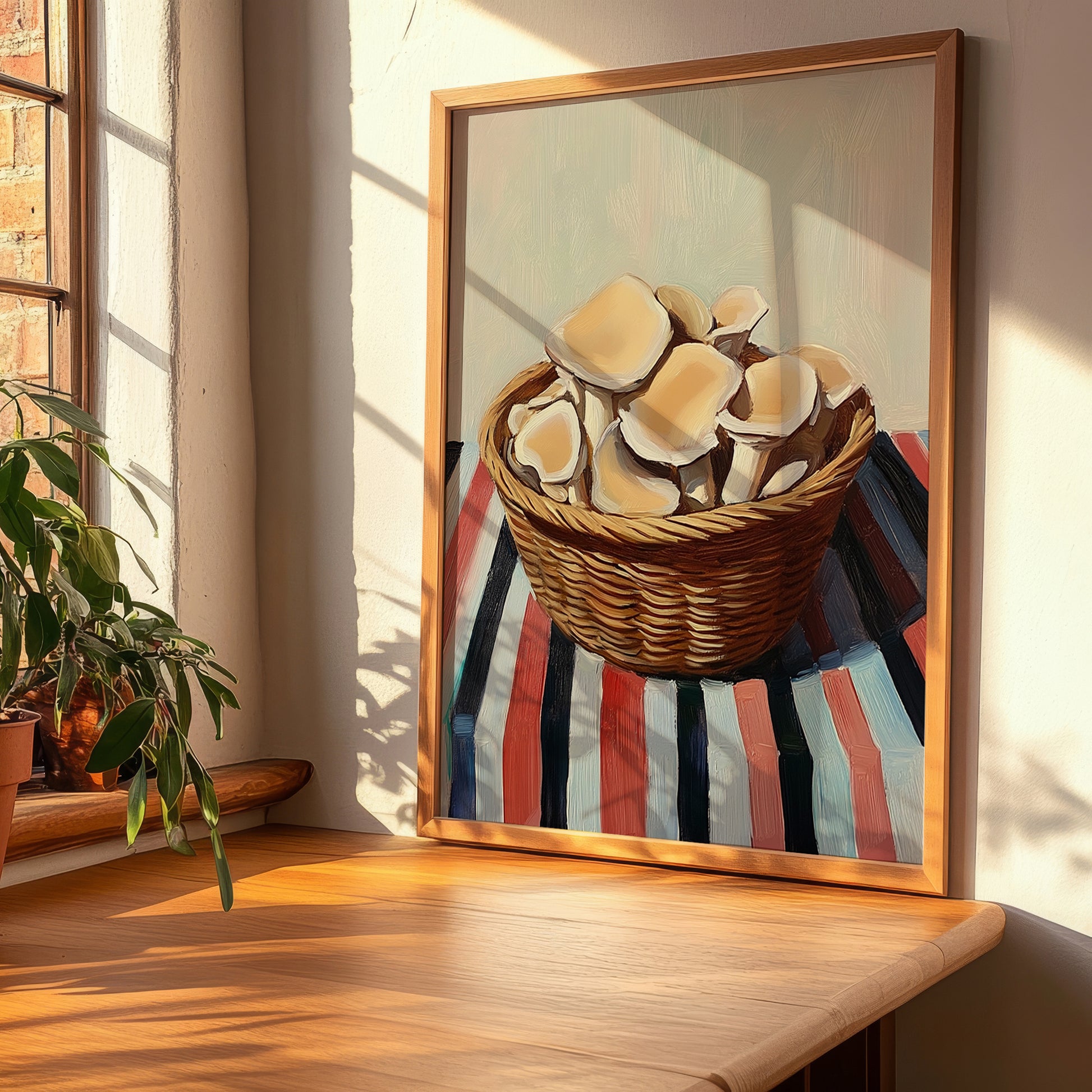 Oyster Mushroom – on Striped Tablecloth, Mushrooms Art, clean layout with no caption