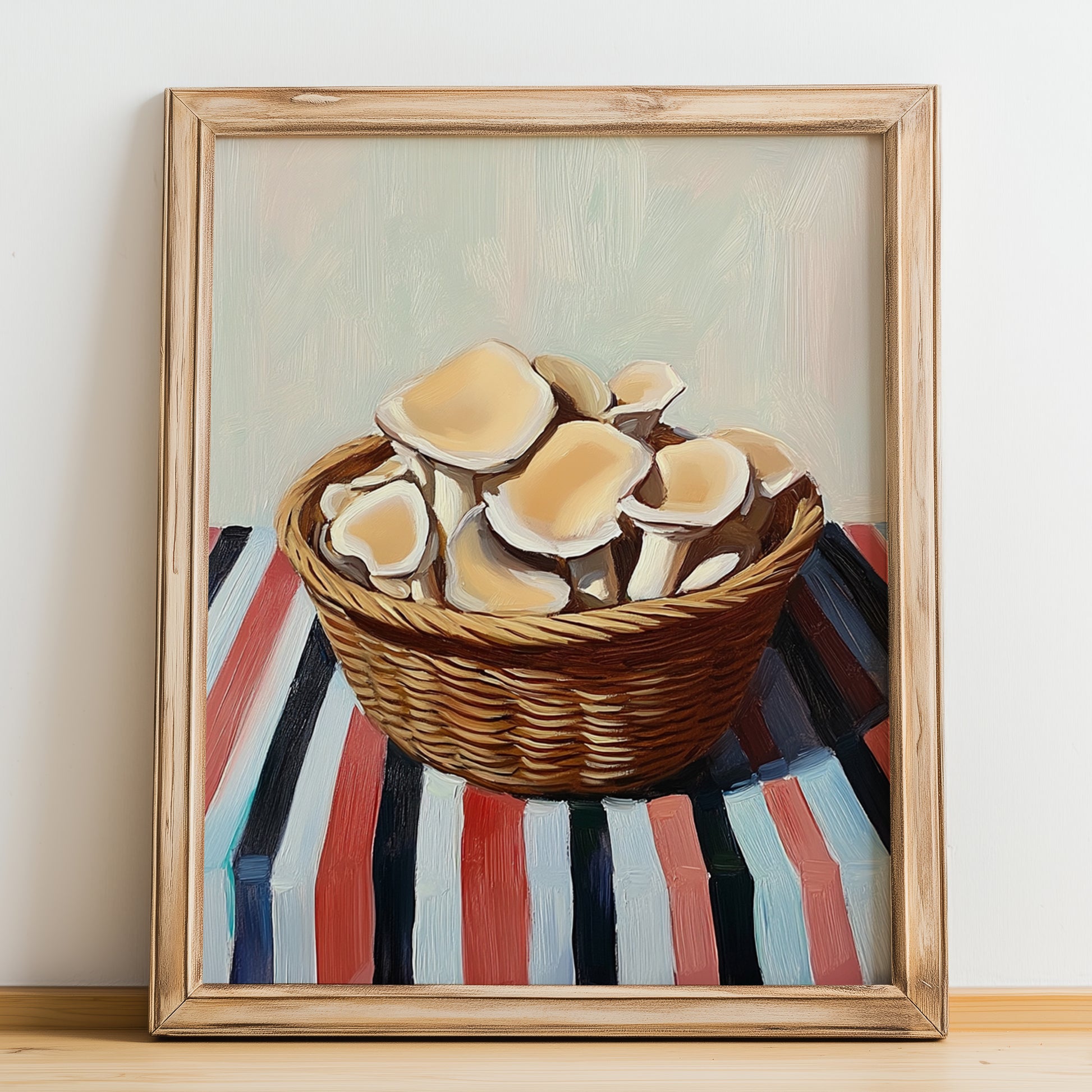 Oyster Mushroom – on Striped Tablecloth, Mushrooms Art, no-text version framed in wood