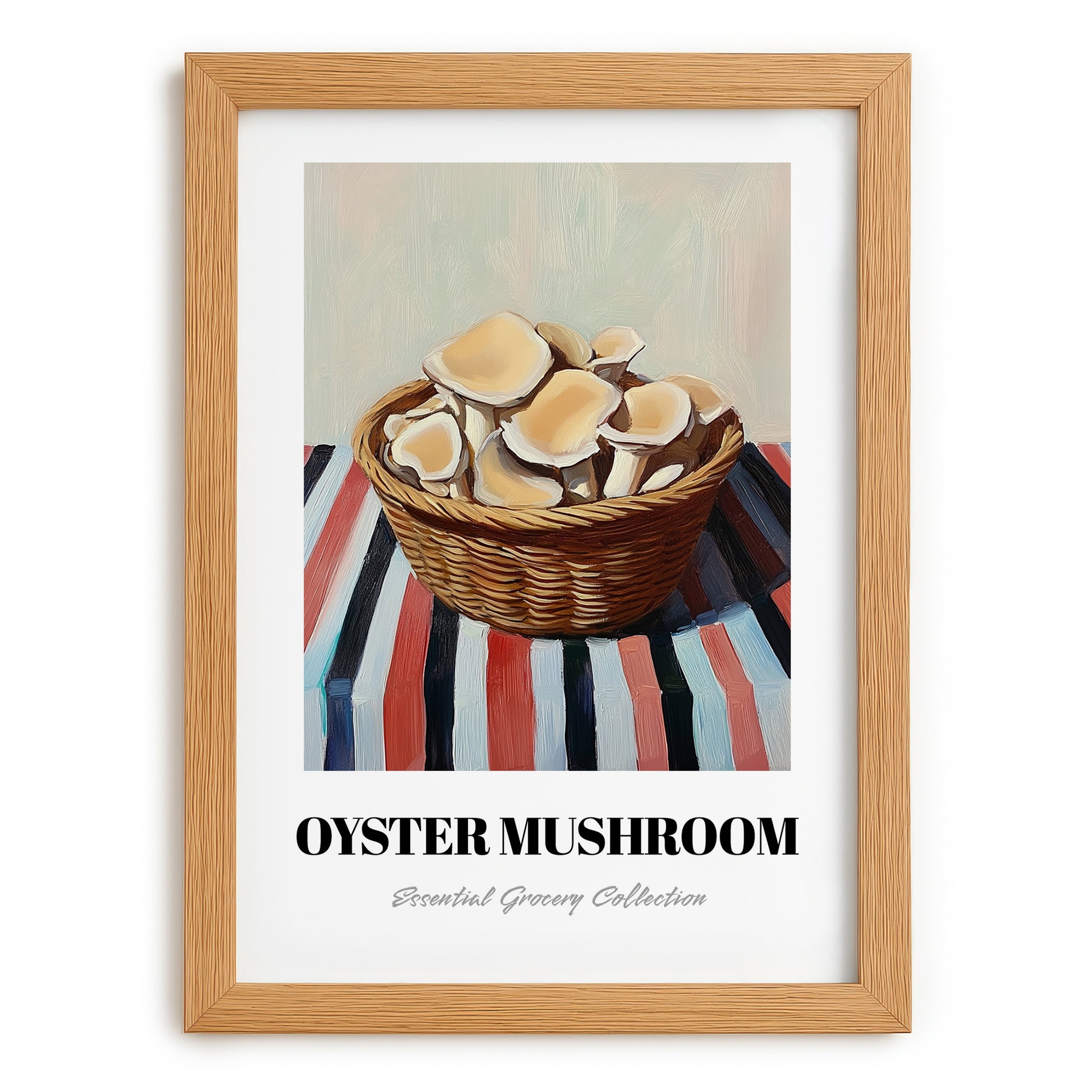 Oyster Mushroom – on Striped Tablecloth, Mushrooms Art, set in oak frame