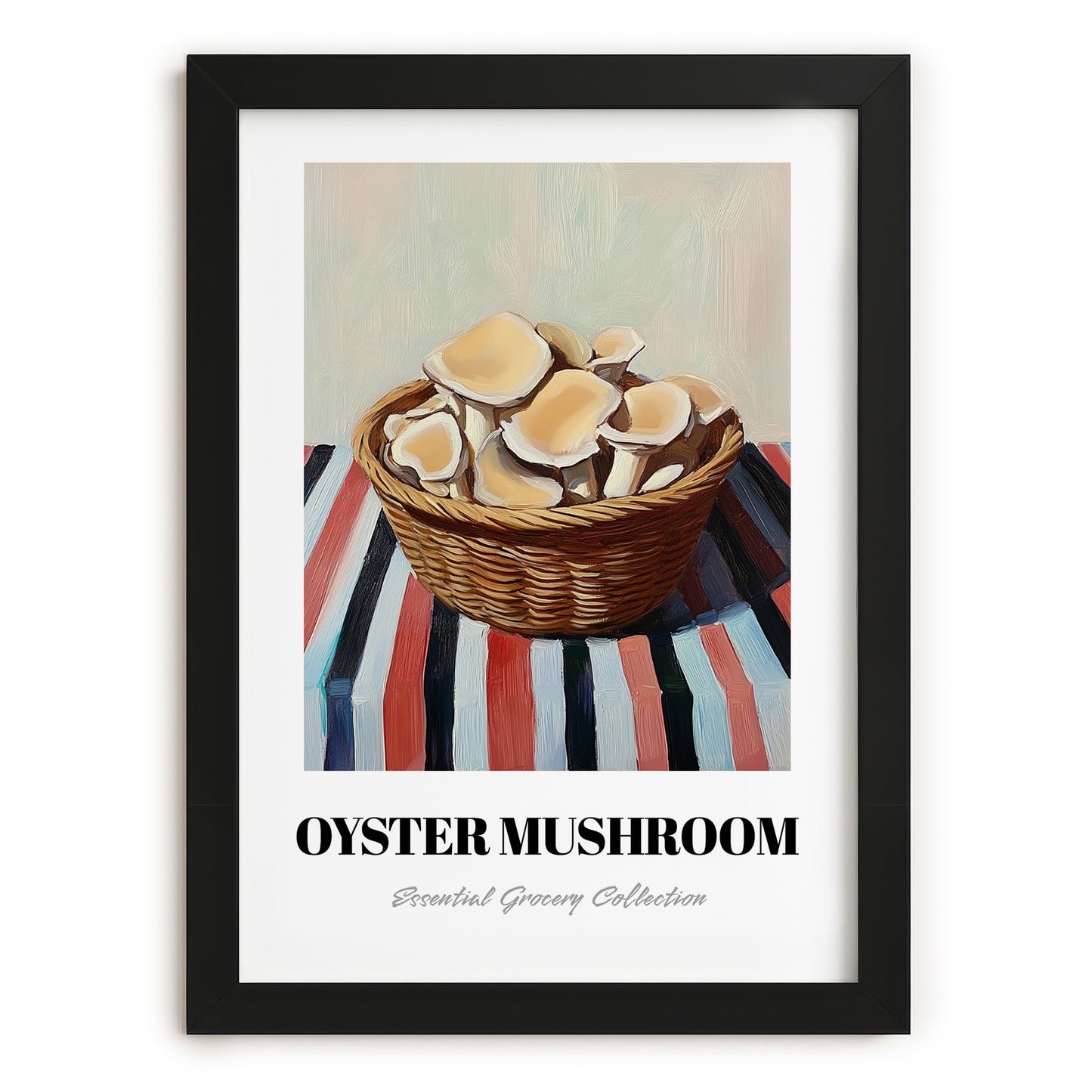 Oyster Mushroom – on Striped Tablecloth, Mushrooms Art, in sleek black frame