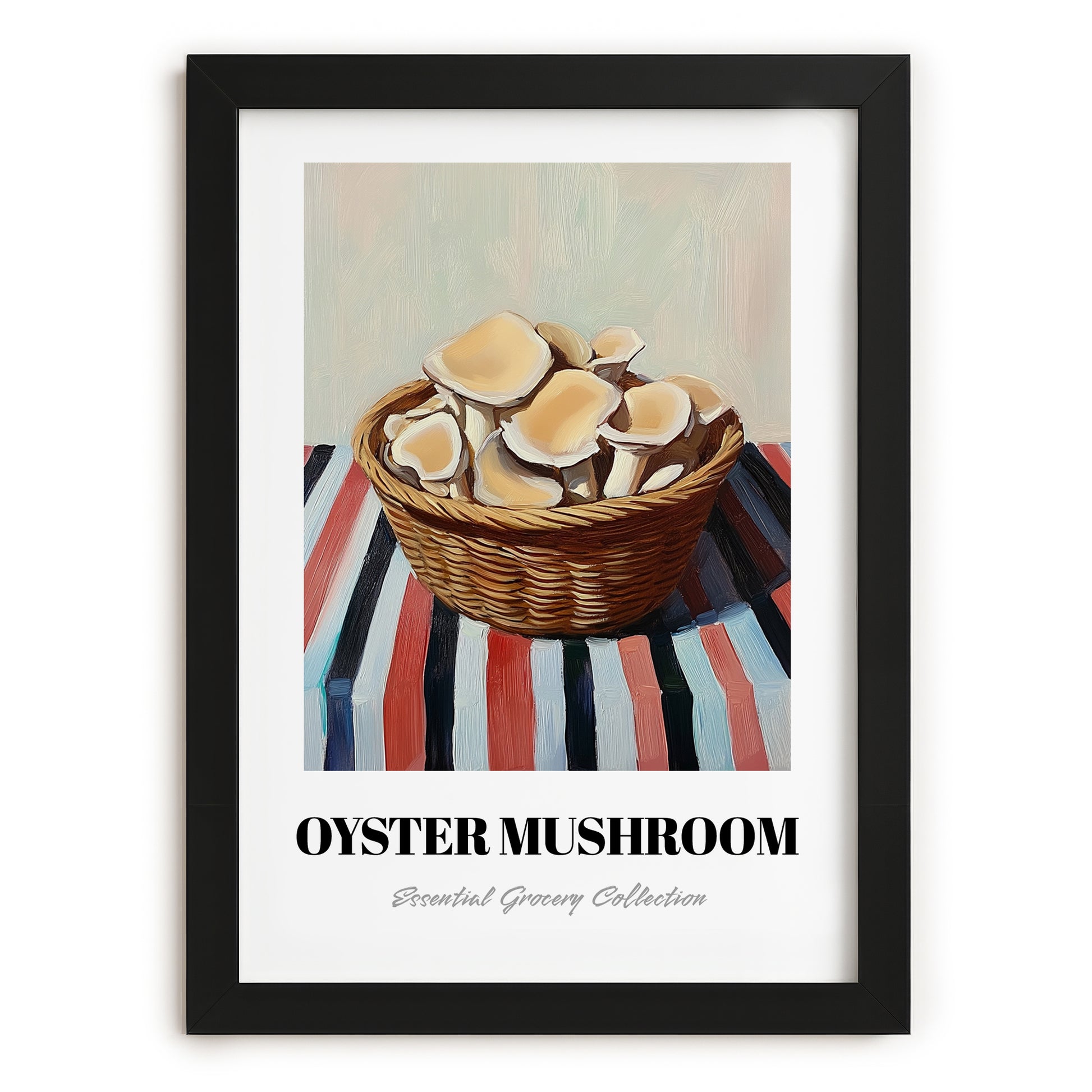 Oyster Mushroom – on Striped Tablecloth, Mushrooms Art, in sleek black frame
