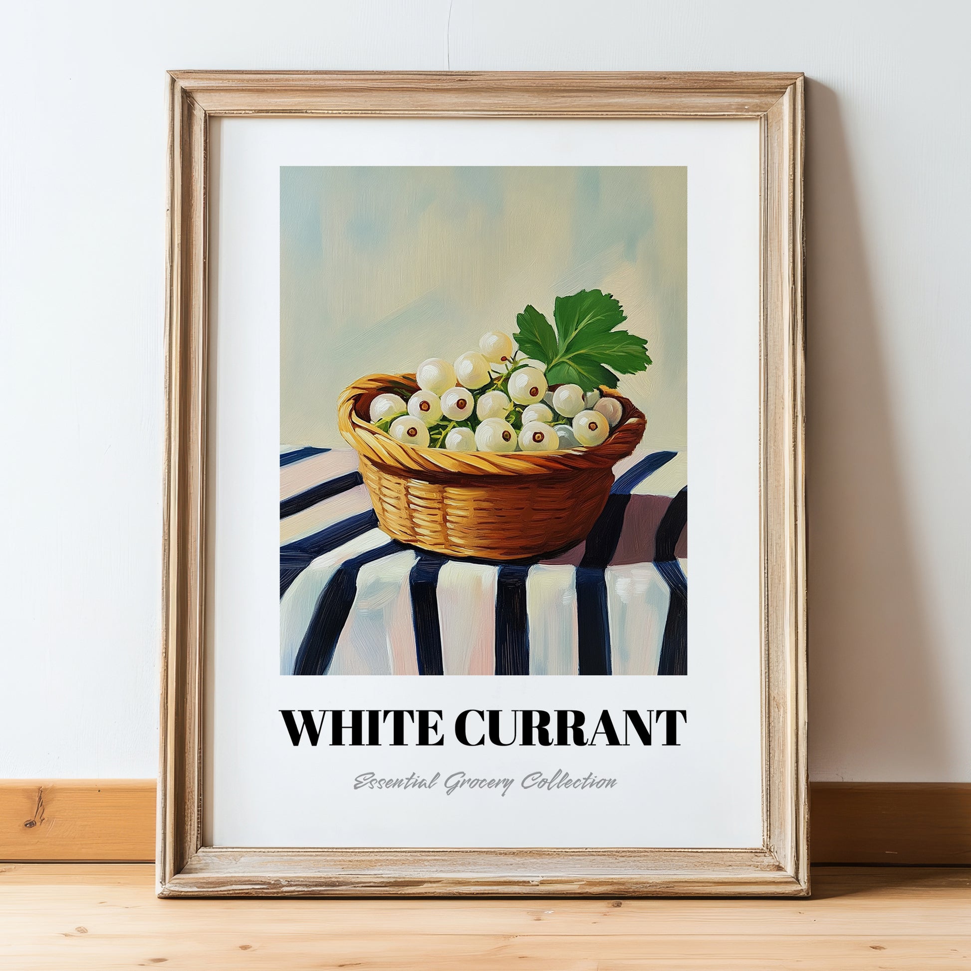 White Currant – on Striped Tablecloth, Berries Painting, in wooden frame leaning on the floor