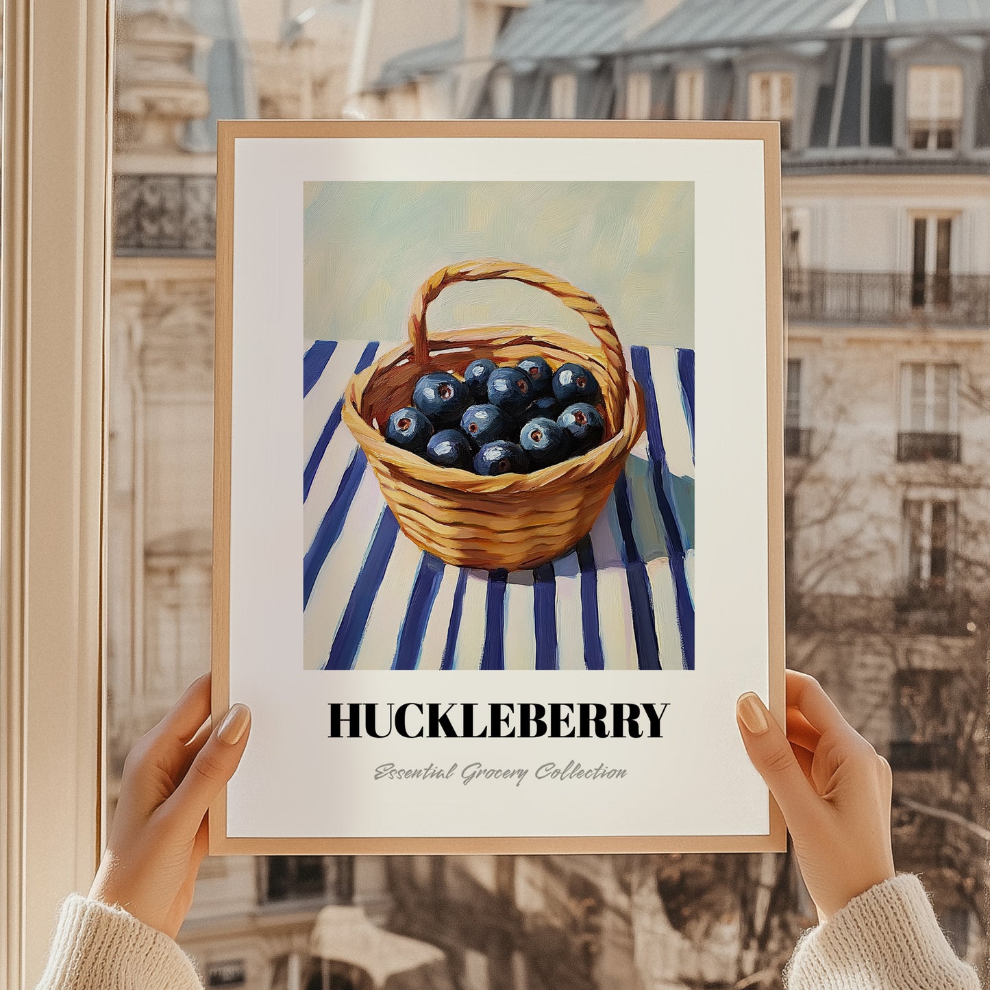 Huckleberry – on Striped Tablecloth, Berries Painting, styled in a charming Paris street view