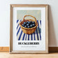Huckleberry – on Striped Tablecloth, Berries Painting, in wooden frame leaning on the floor