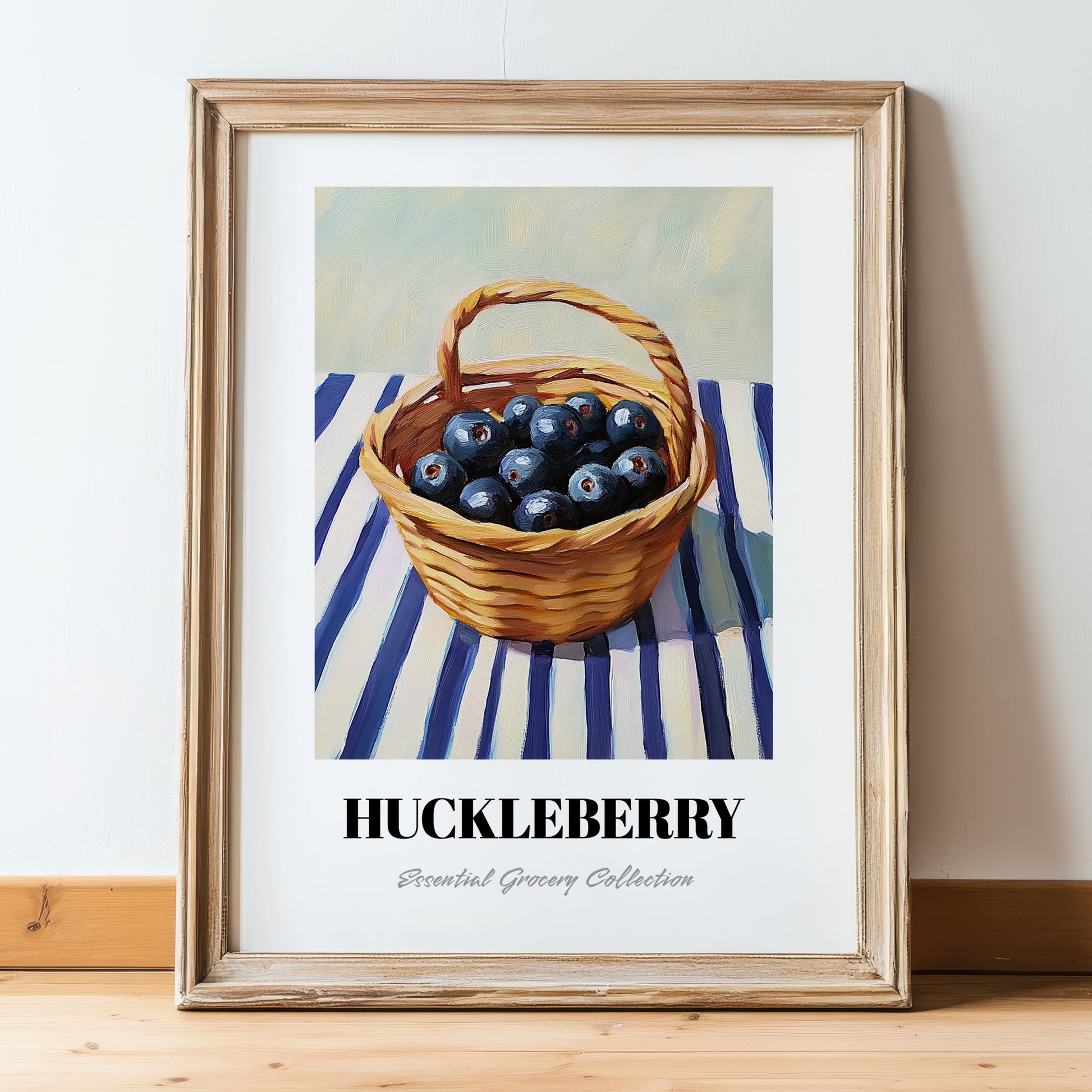 Huckleberry – on Striped Tablecloth, Berries Painting, in wooden frame leaning on the floor