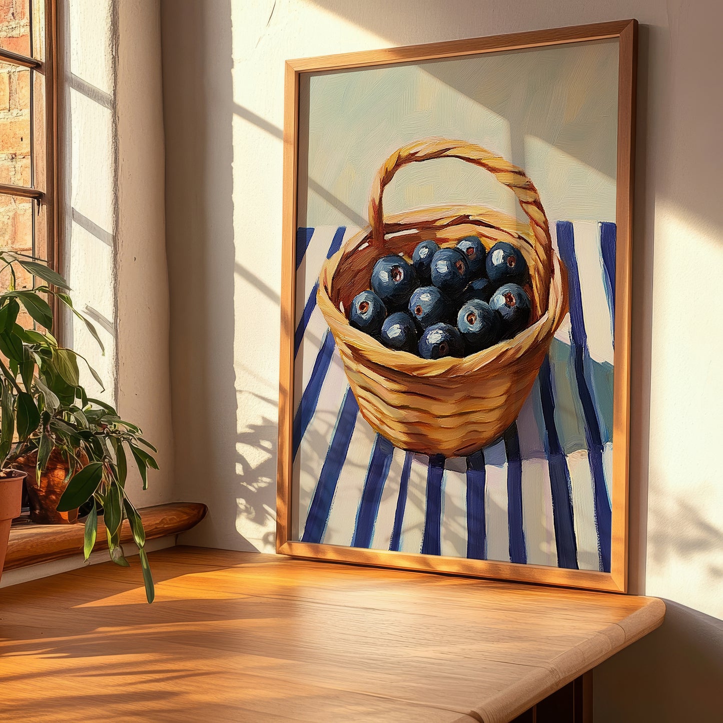 Huckleberry – on Striped Tablecloth, Berries Painting, clean layout with no caption