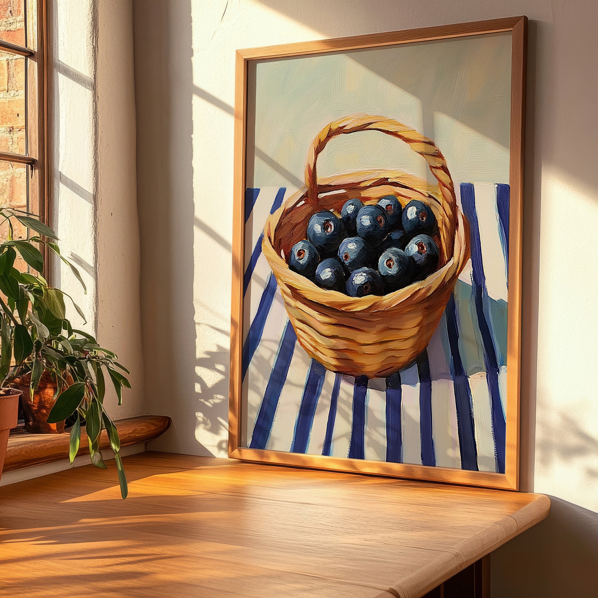 Huckleberry – on Striped Tablecloth, Berries Painting, clean layout with no caption