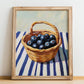 Huckleberry – on Striped Tablecloth, Berries Painting, no-text version framed in wood