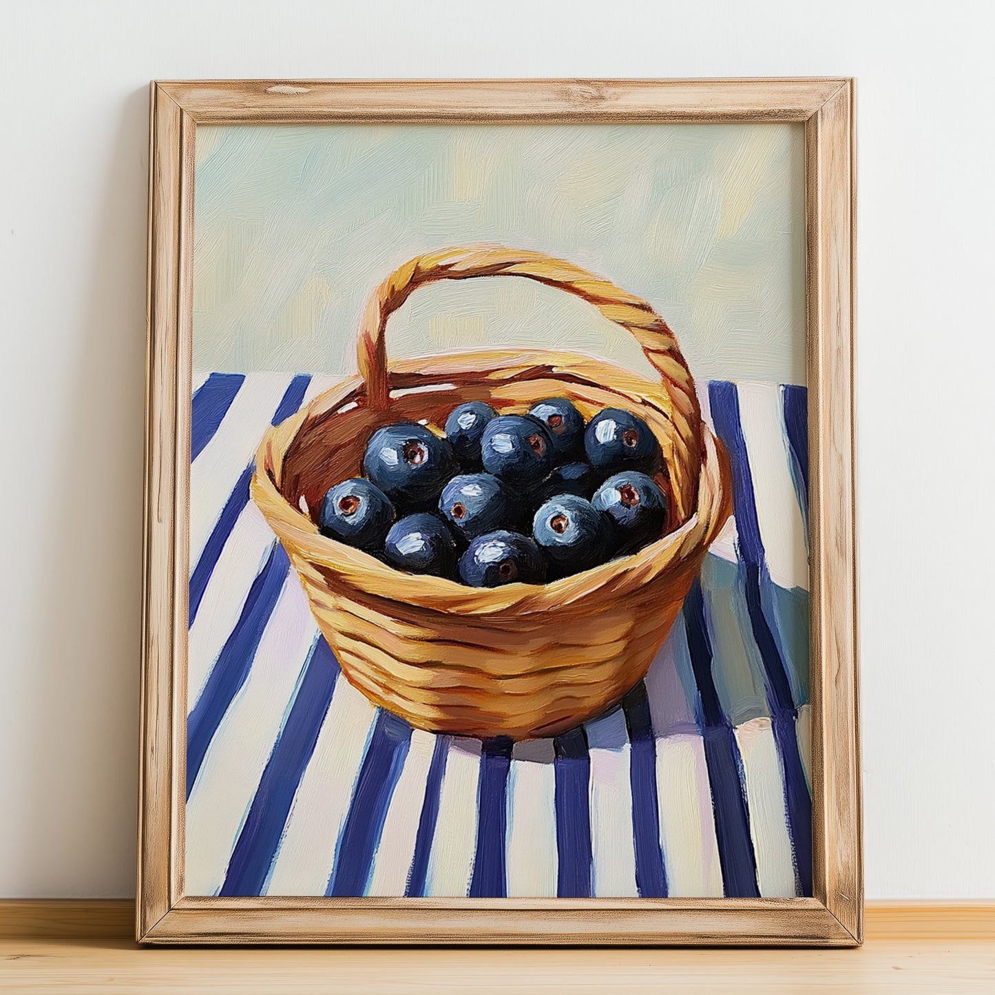 Huckleberry – on Striped Tablecloth, Berries Painting, no-text version framed in wood