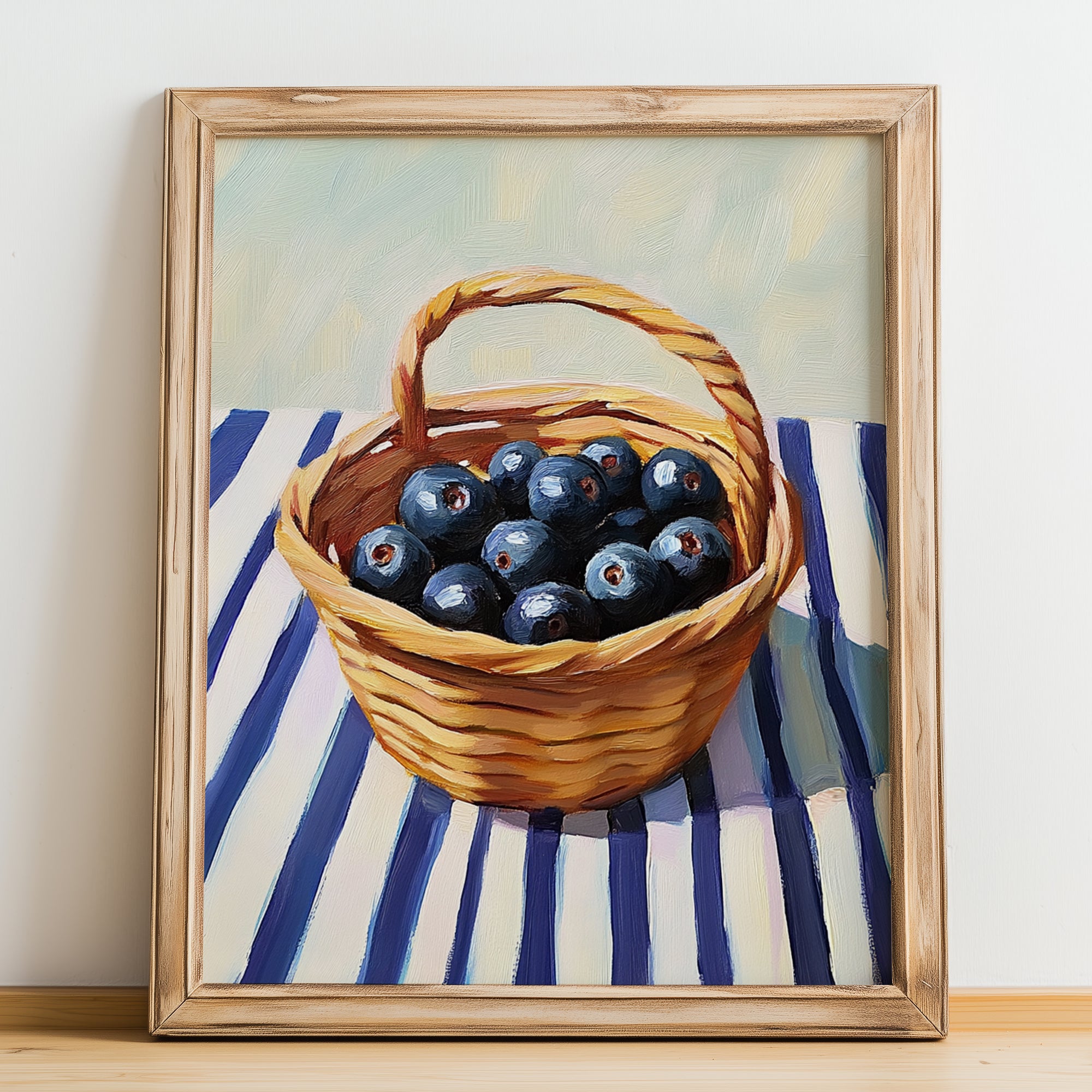 Huckleberry – on Striped Tablecloth, Berries Painting, no-text version framed in wood