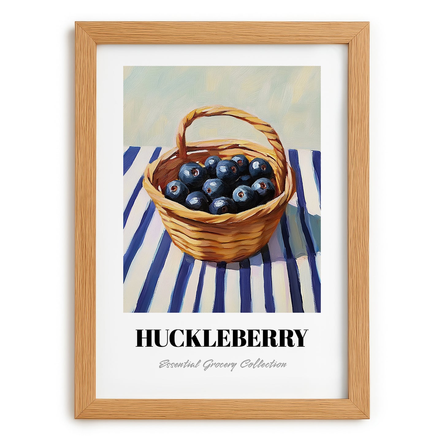 Huckleberry – on Striped Tablecloth, Berries Painting, set in oak frame