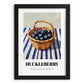 Huckleberry – on Striped Tablecloth, Berries Painting, in sleek black frame