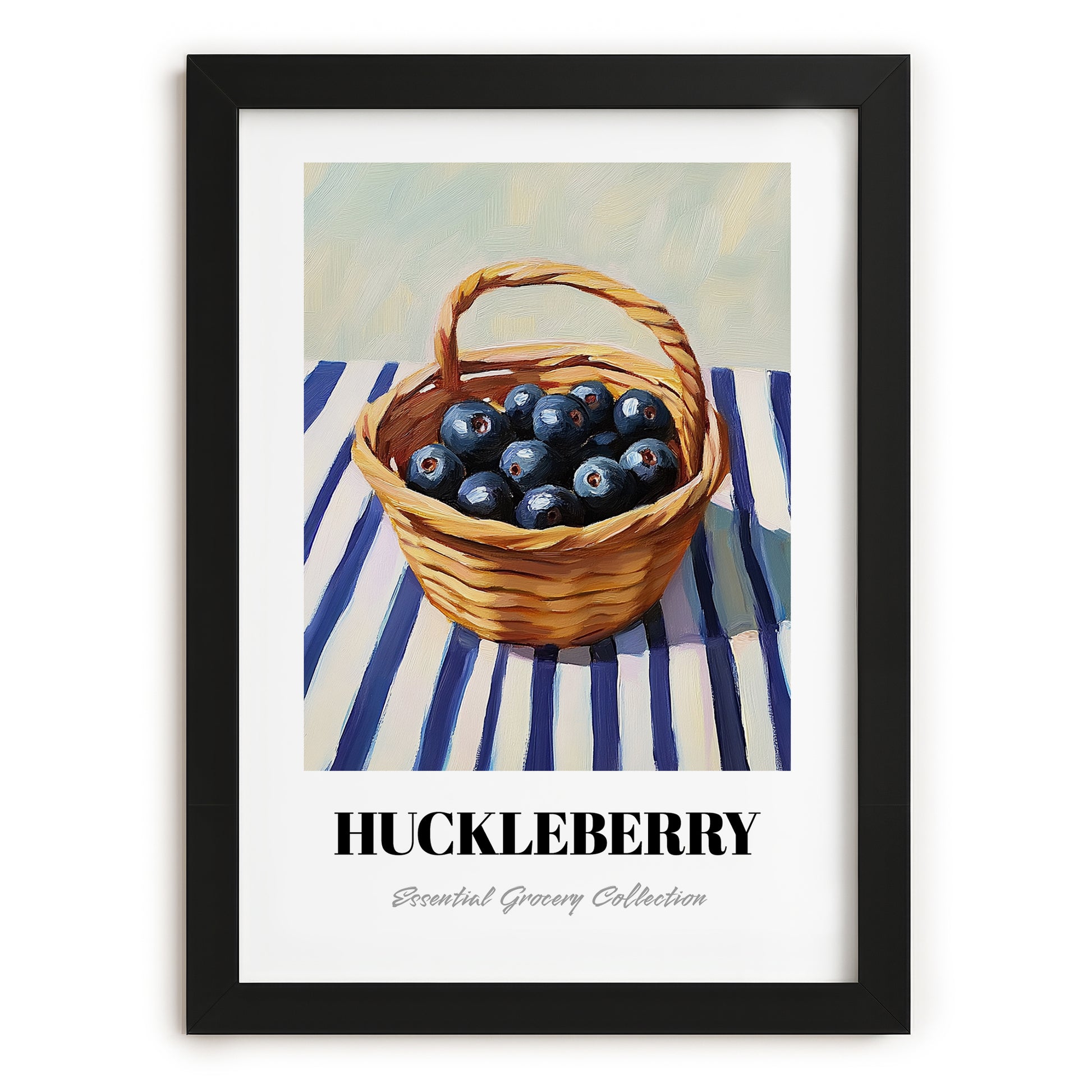 Huckleberry – on Striped Tablecloth, Berries Painting, in sleek black frame