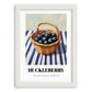 Huckleberry – on Striped Tablecloth, Berries Painting, placed in minimal white frame