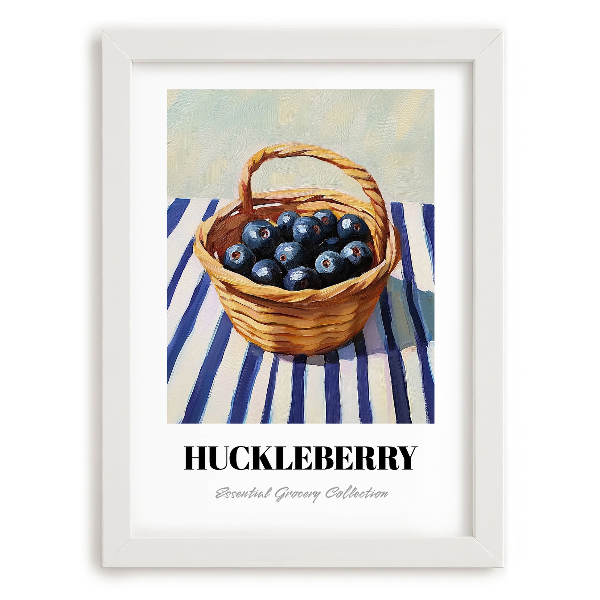 Huckleberry – on Striped Tablecloth, Berries Painting, placed in minimal white frame
