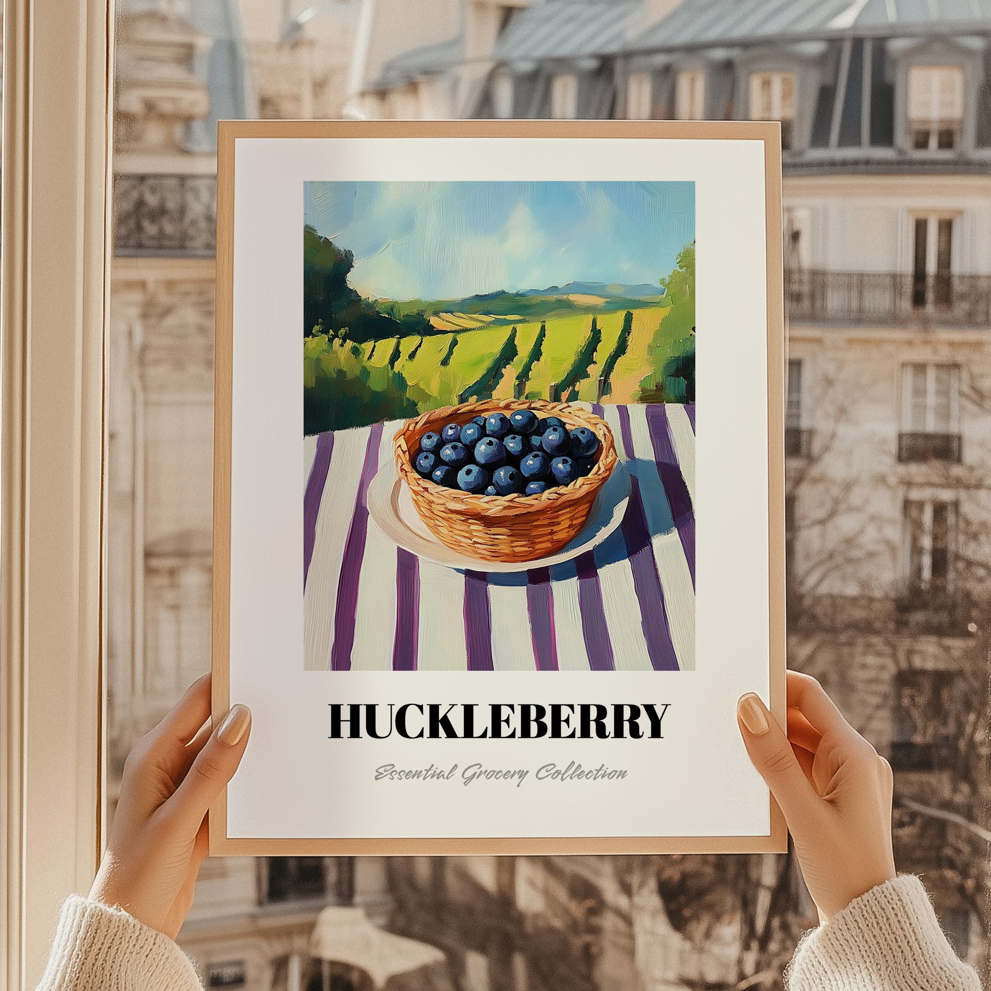 Huckleberry – Green Valley Landscape, Berries Painting, styled in a charming Paris street view