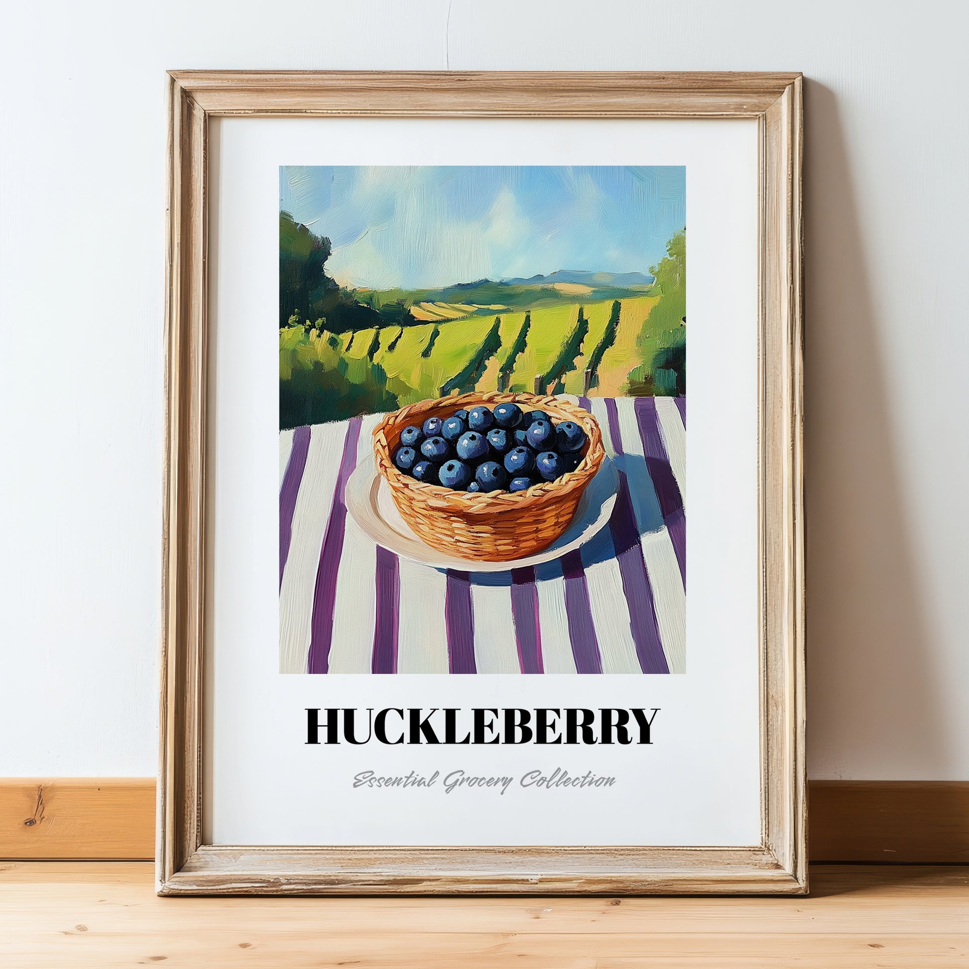 Huckleberry – Green Valley Landscape, Berries Painting, in wooden frame leaning on the floor