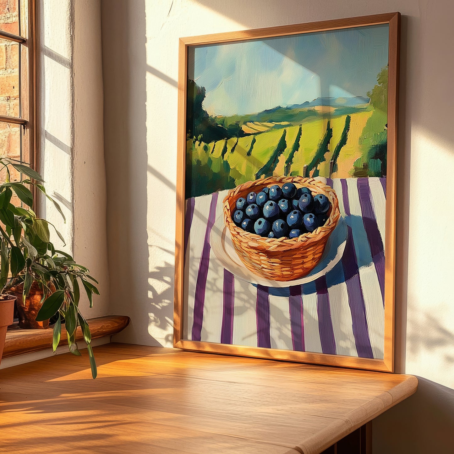 Huckleberry – Green Valley Landscape, Berries Painting, clean layout with no caption