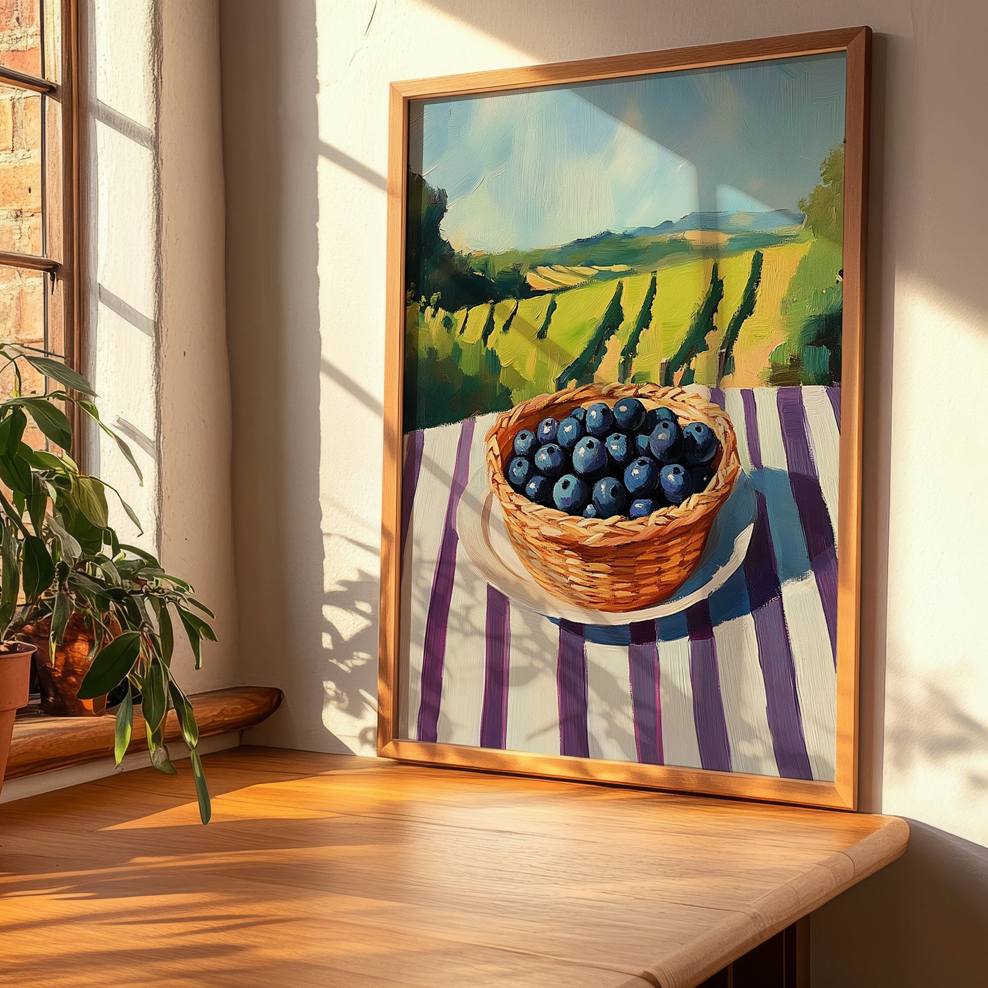 Huckleberry – Green Valley Landscape, Berries Painting, clean layout with no caption