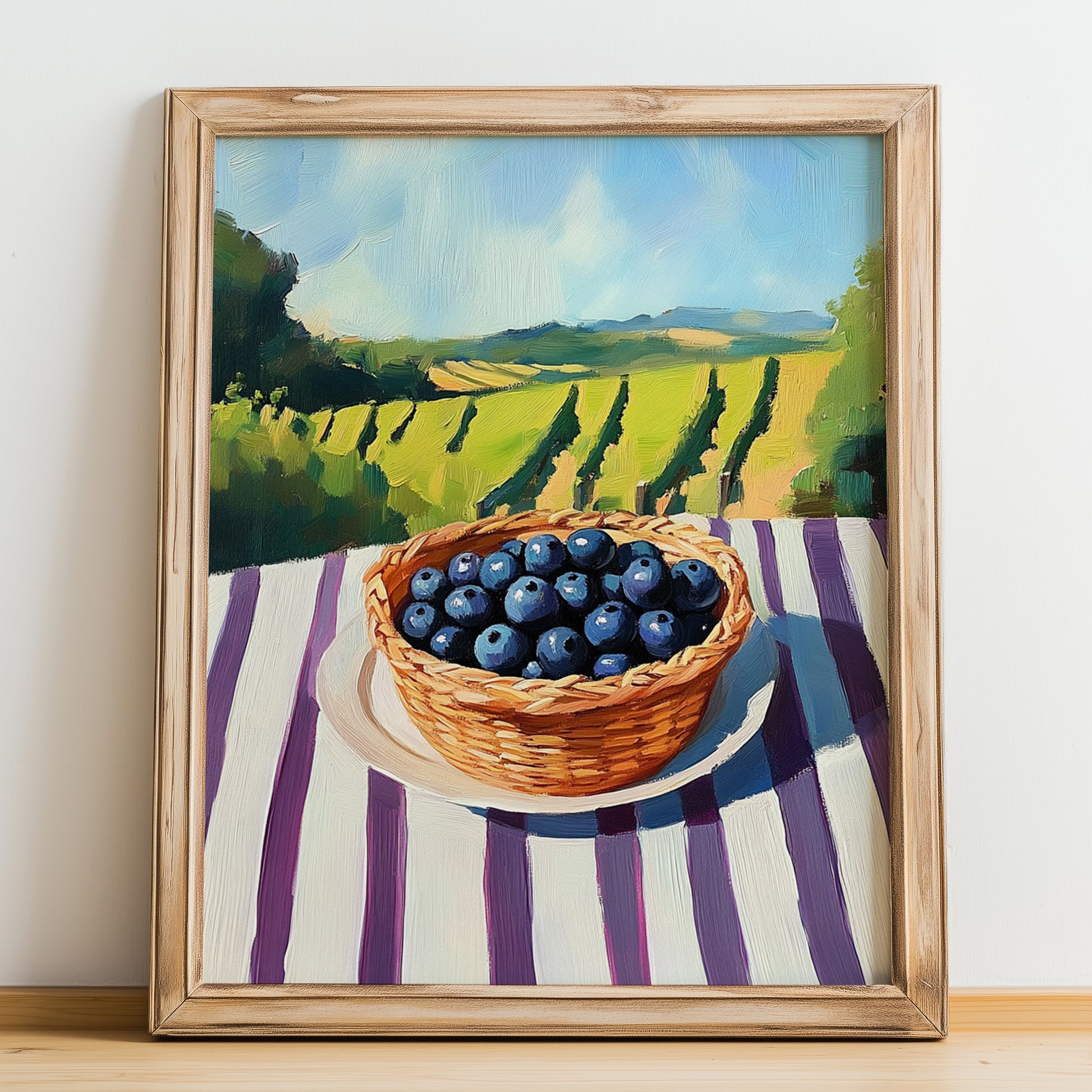 Huckleberry – Green Valley Landscape, Berries Painting, no-text version framed in wood
