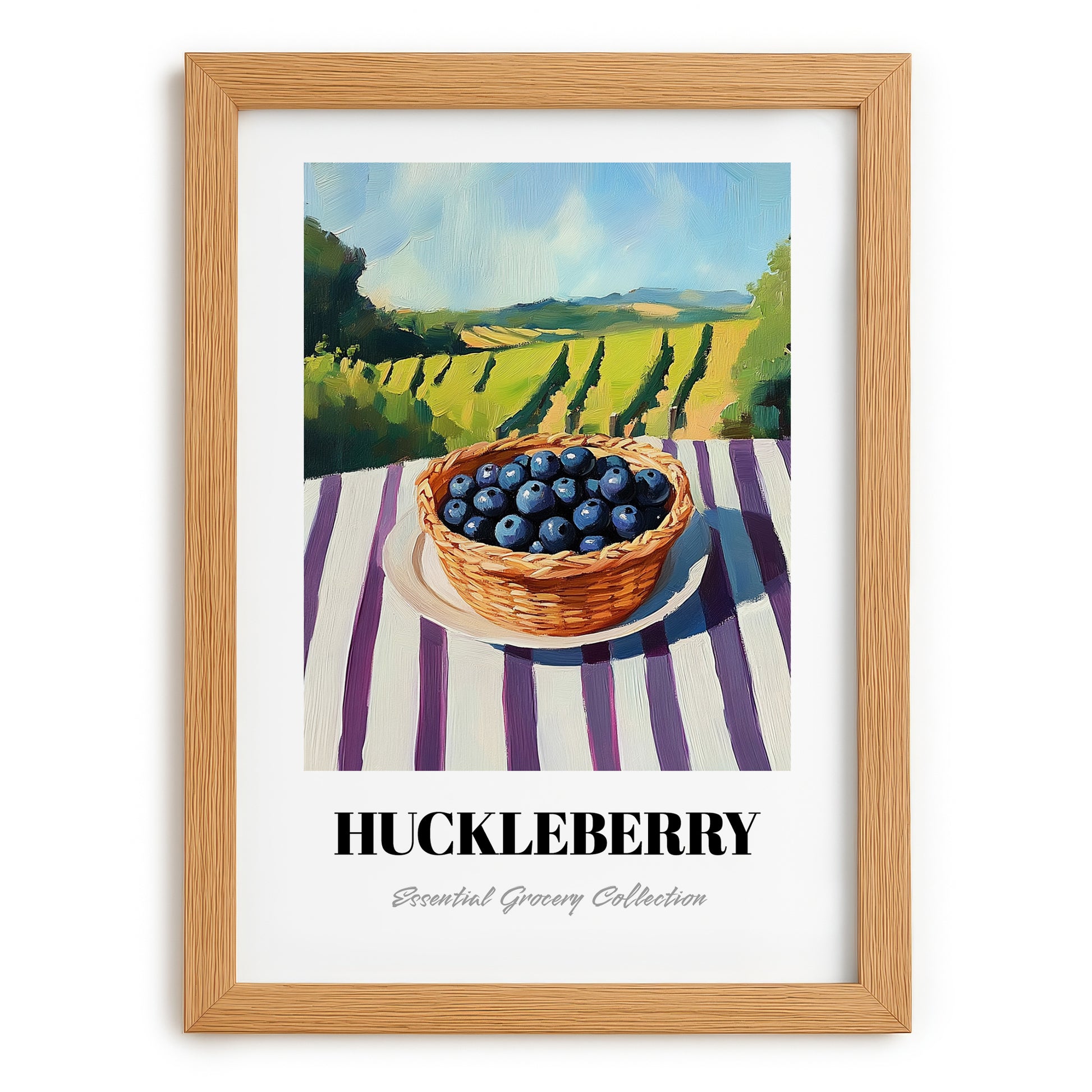 Huckleberry – Green Valley Landscape, Berries Painting, set in oak frame