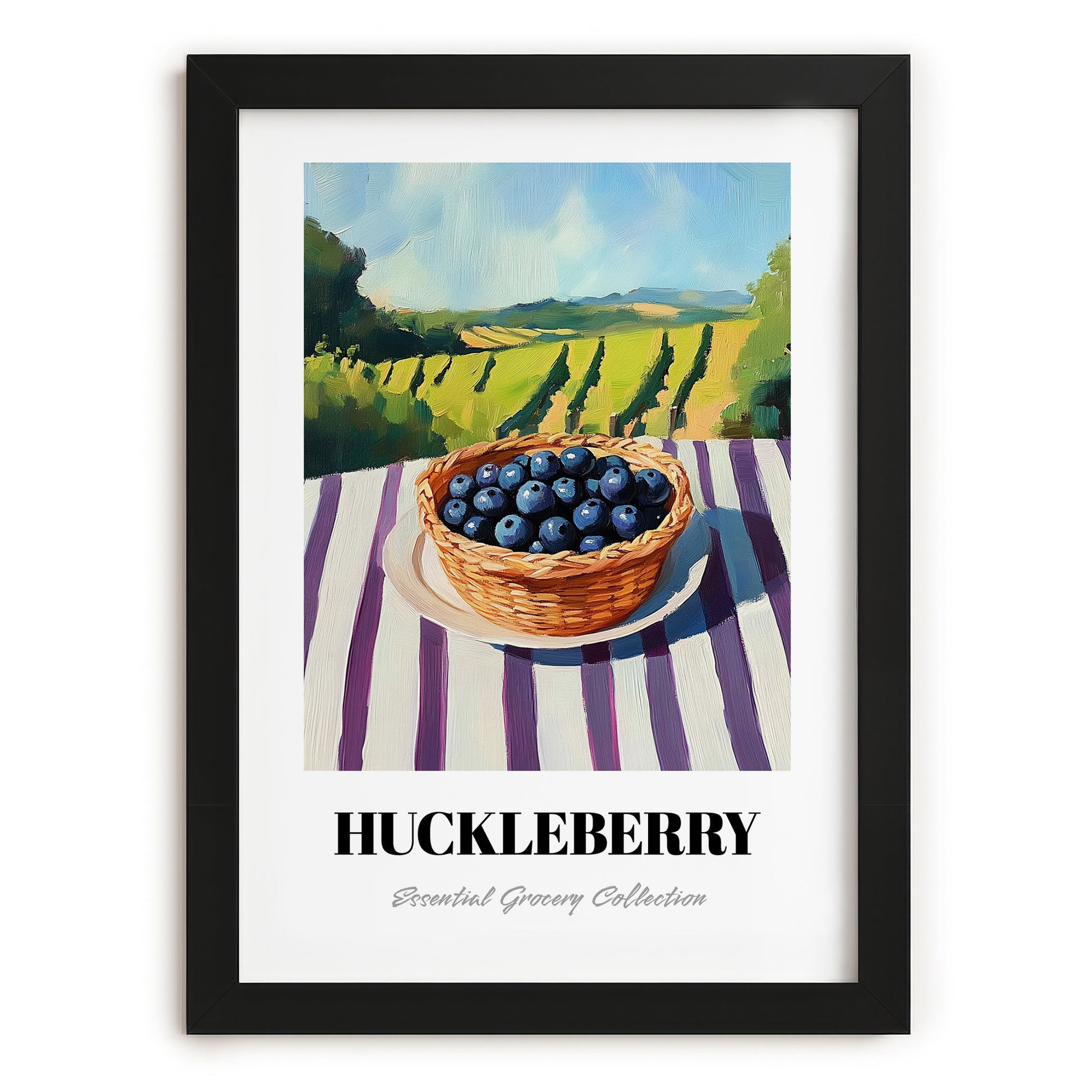 Huckleberry – Green Valley Landscape, Berries Painting, in sleek black frame