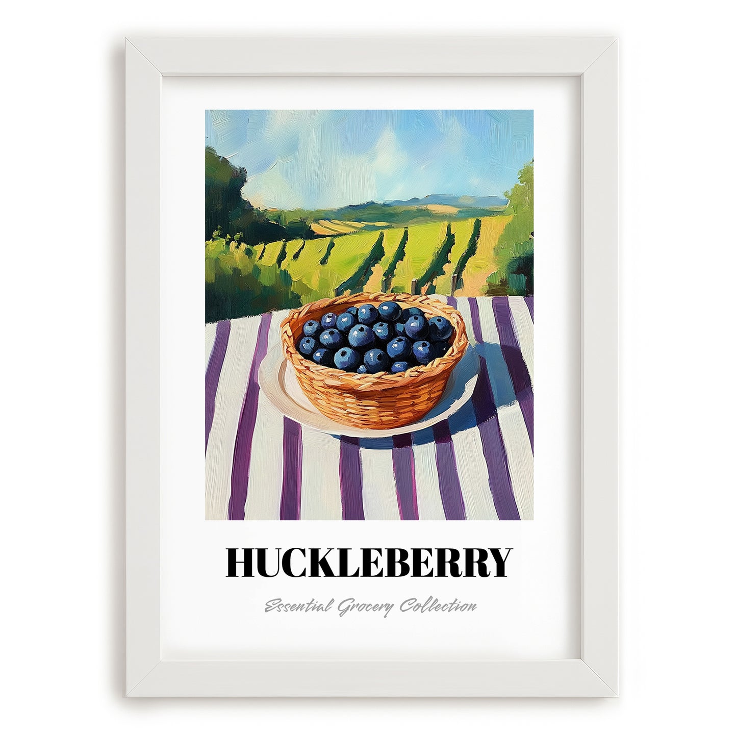 Huckleberry – Green Valley Landscape, Berries Painting, placed in minimal white frame