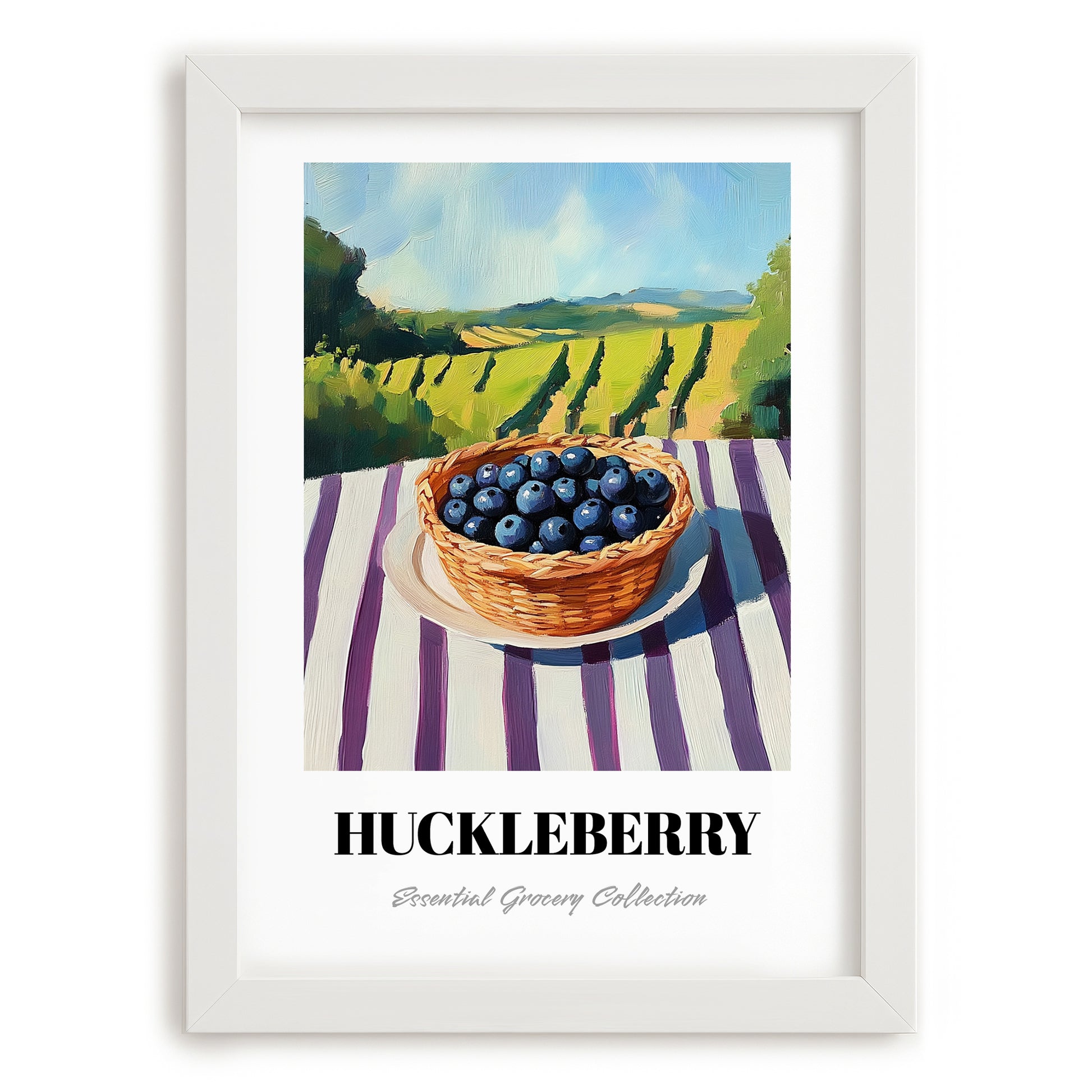 Huckleberry – Green Valley Landscape, Berries Painting, placed in minimal white frame