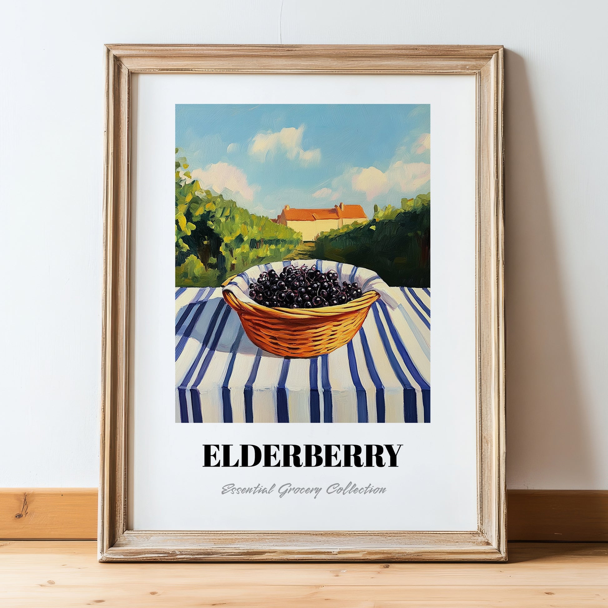 Elderberry – Green Valley Landscape, Berries Still Life, in wooden frame leaning on the floor