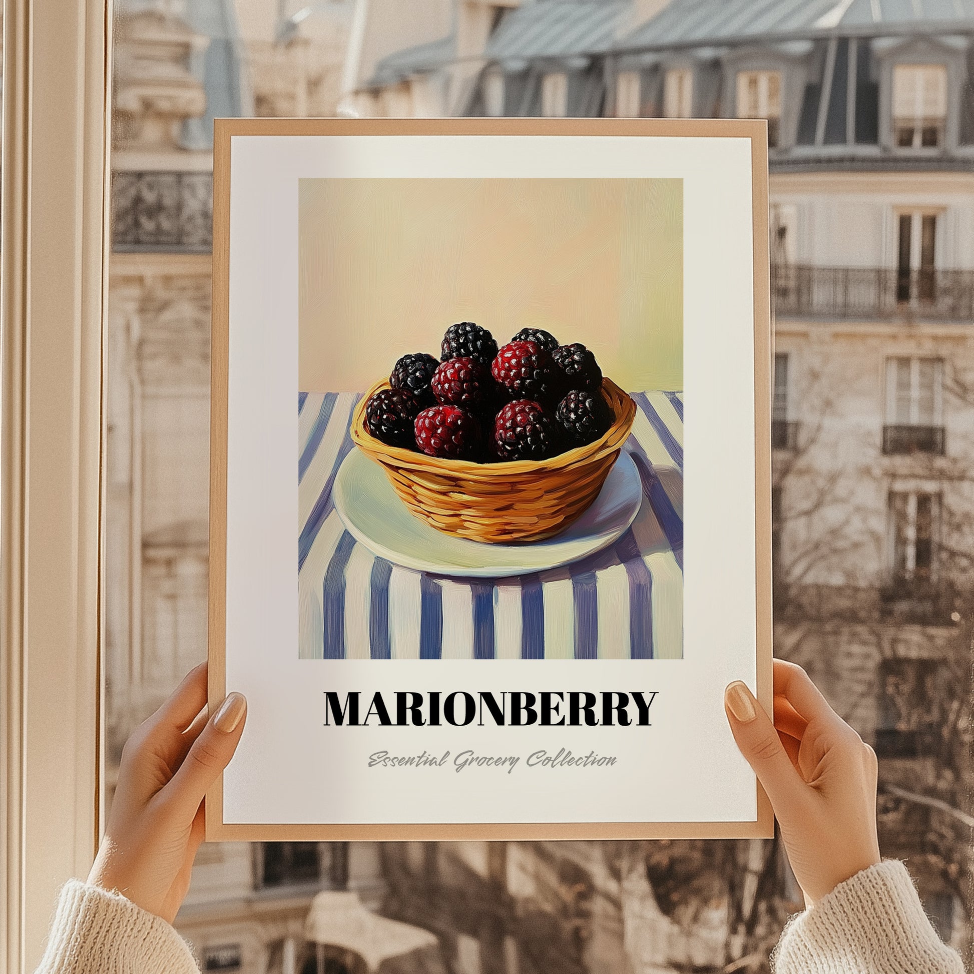 Marionberry – on Striped Tablecloth, Berries Wall Decor, styled in a charming Paris street view